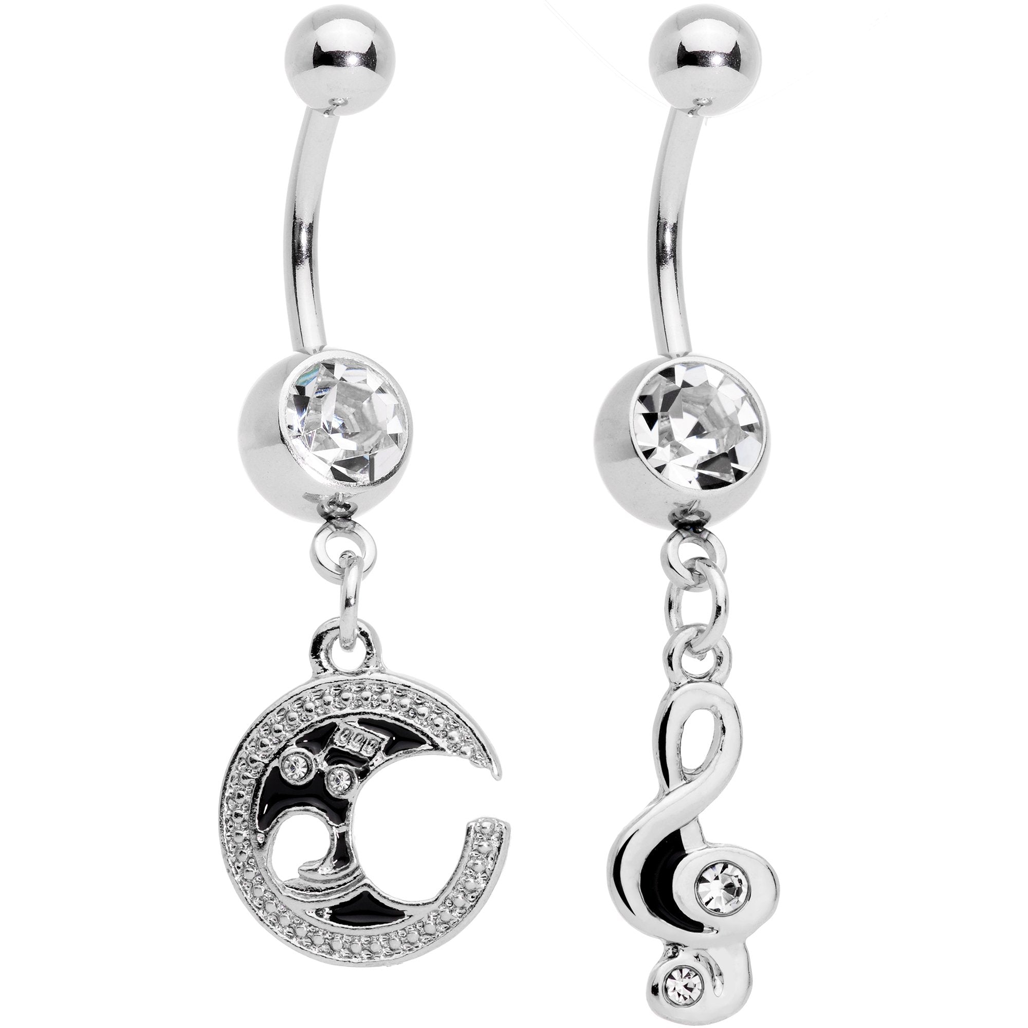 Clear Gem Moon Treble Clef Dangle Belly Ring Set of 2