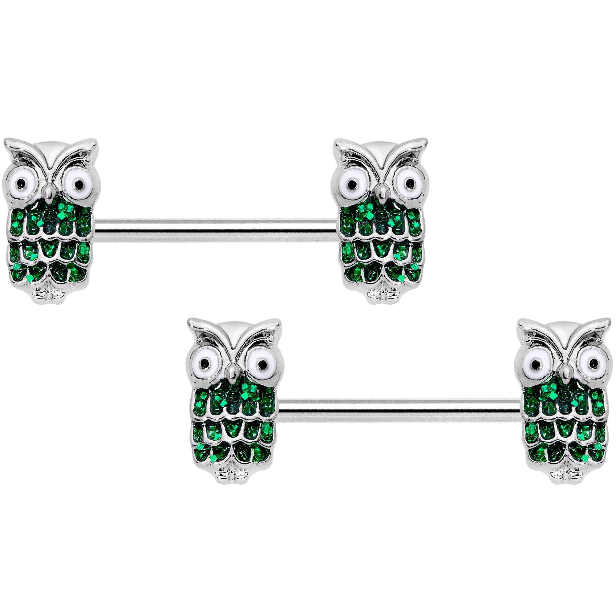 14 Gauge 9/16 Green Happy Holiday Hoot Owl Barbell Nipple Ring Set