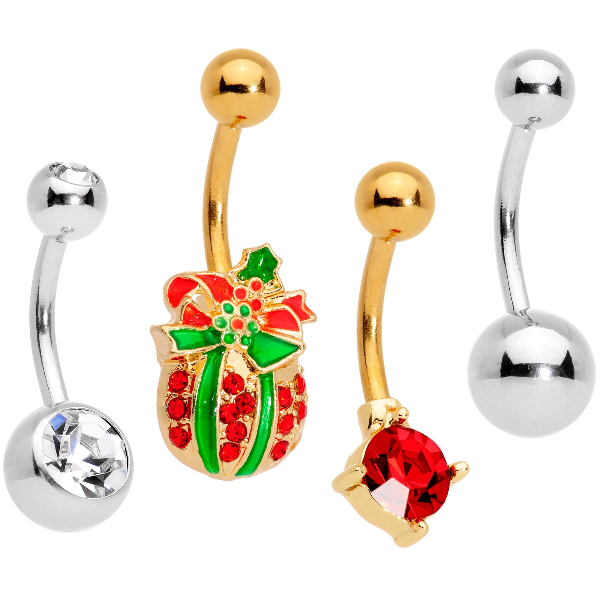 Clear Gem Gold Tone Red Holiday Gift Ornament Belly Ring Set of 4