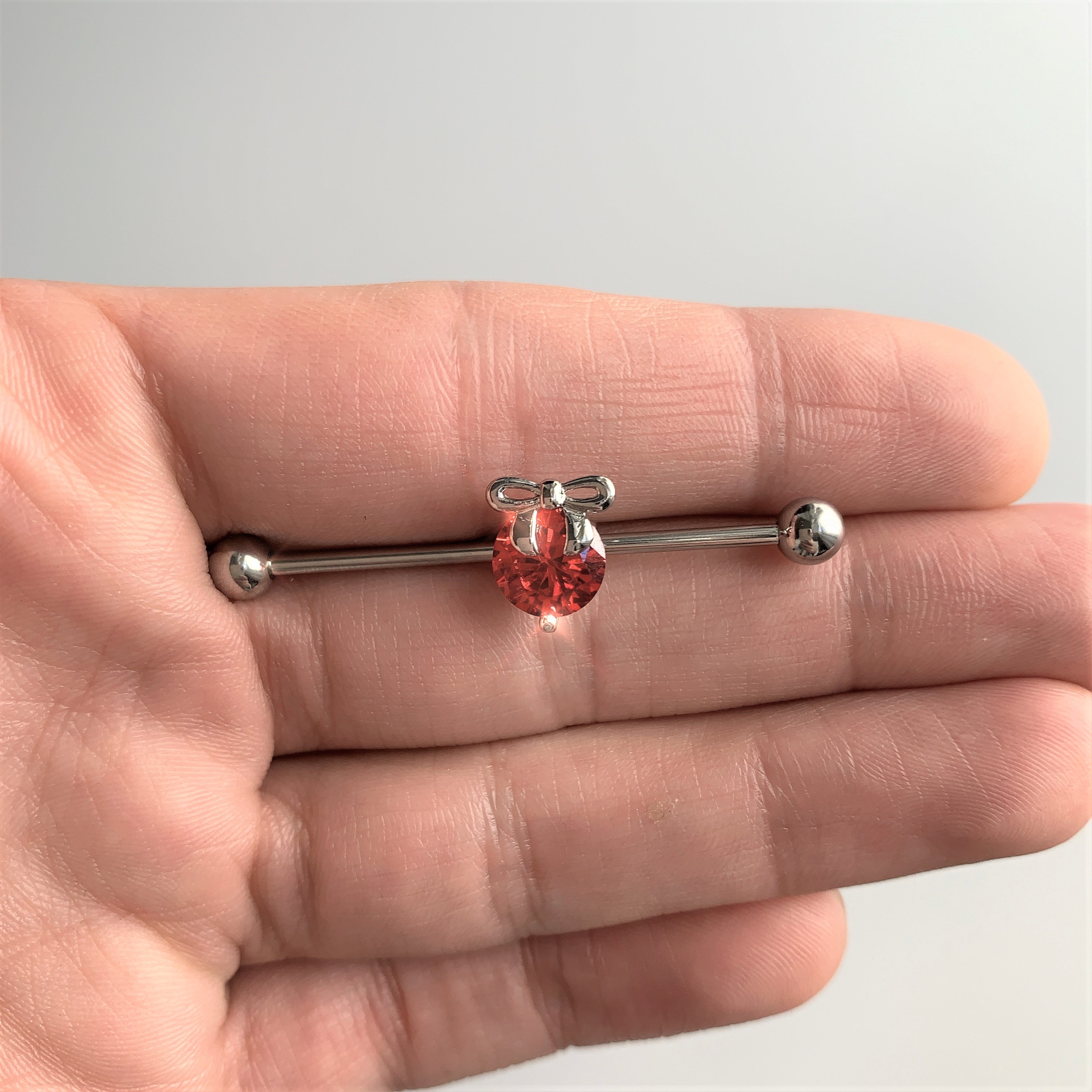 14 Gauge Red Gem Precious Holiday Ornament Industrial Barbell 38mm