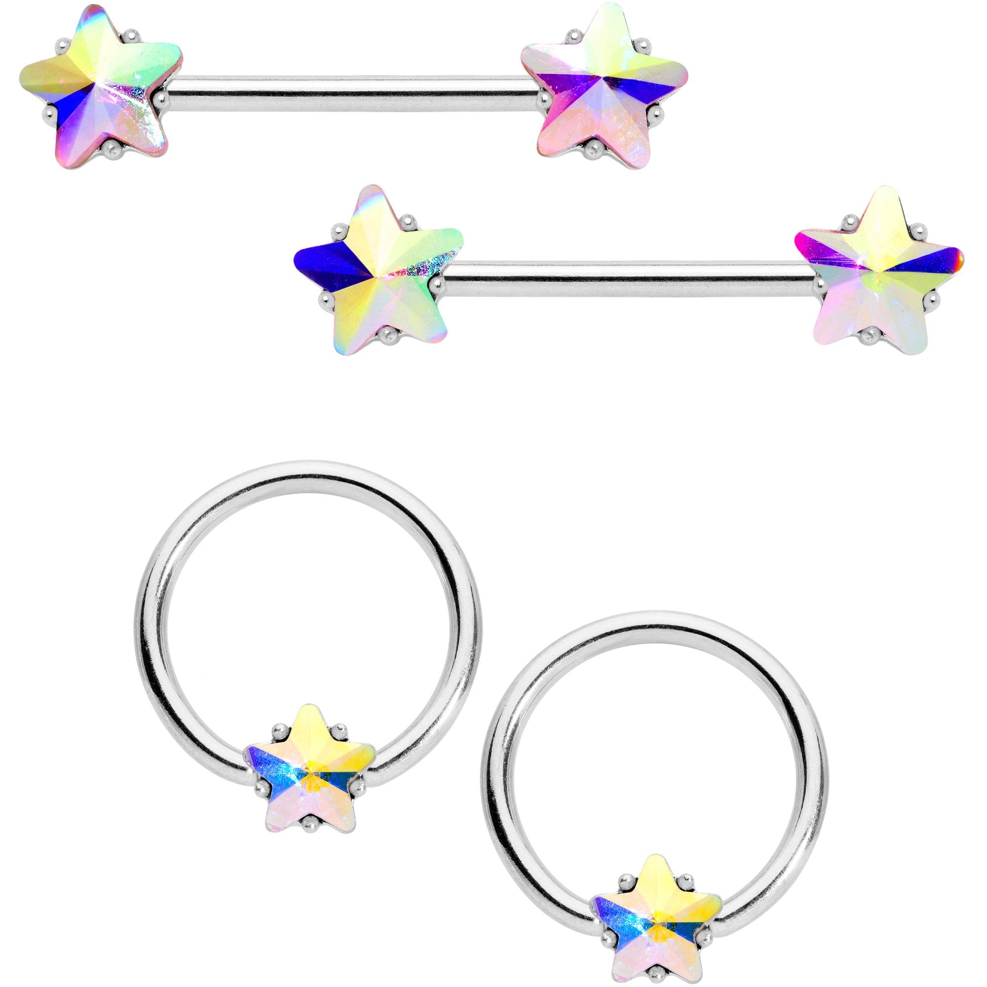 14 Gauge 9/16 1/2 Aurora Star Gem BCR Barbell Nipple Ring Set