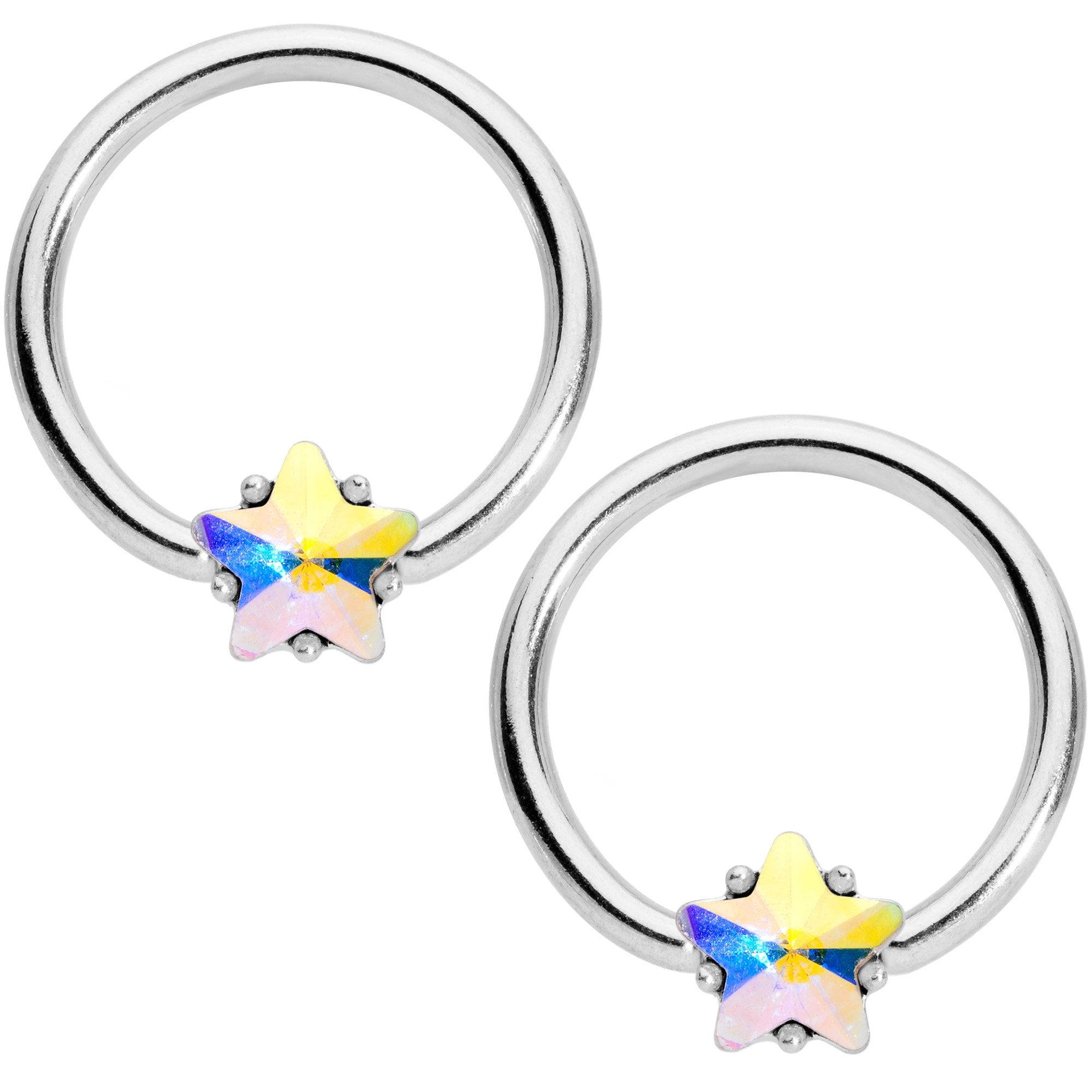 14 Gauge 9/16 1/2 Aurora Star Gem BCR Barbell Nipple Ring Set