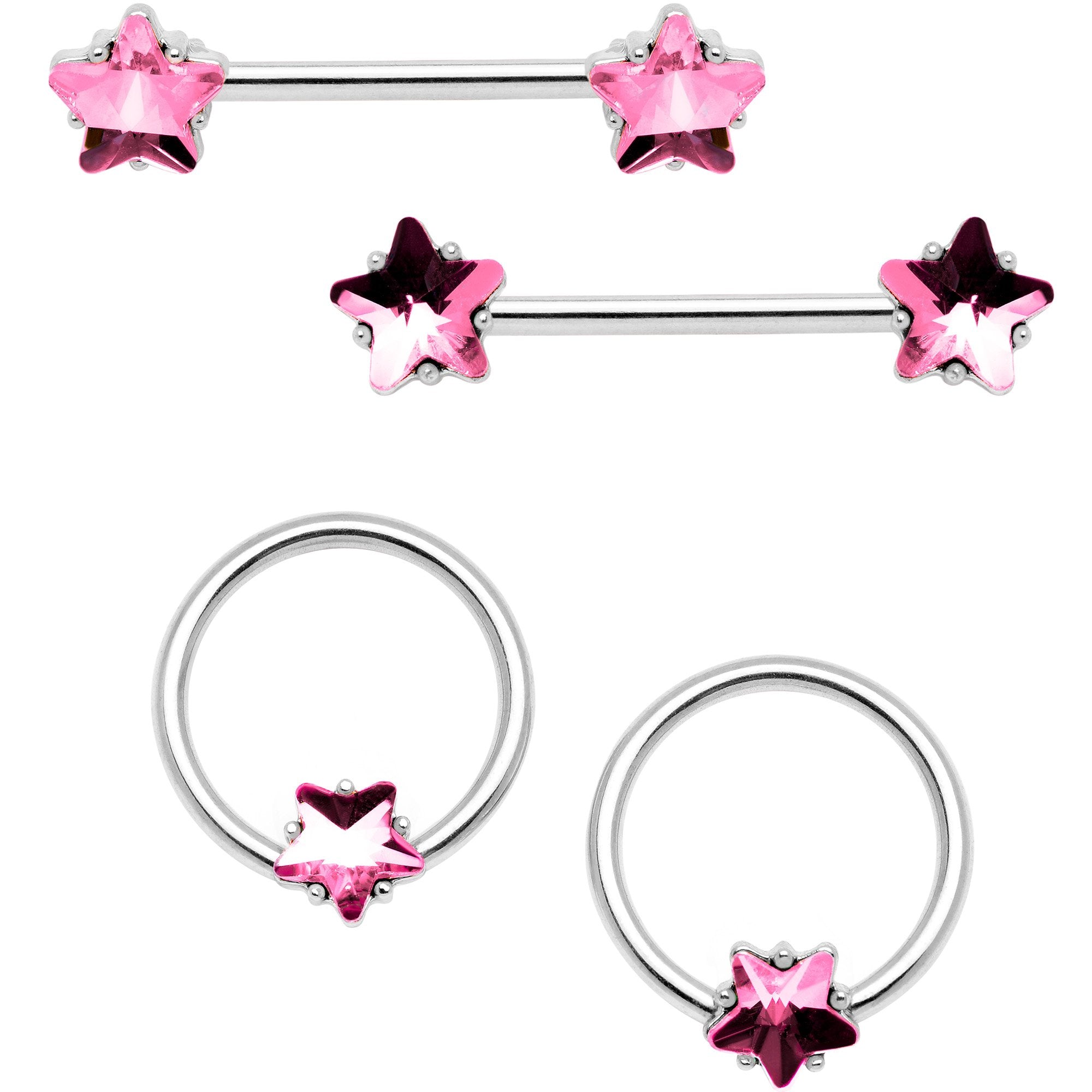 14 Gauge 9/16 1/2 Pink Star Gem BCR Barbell Nipple Ring Set