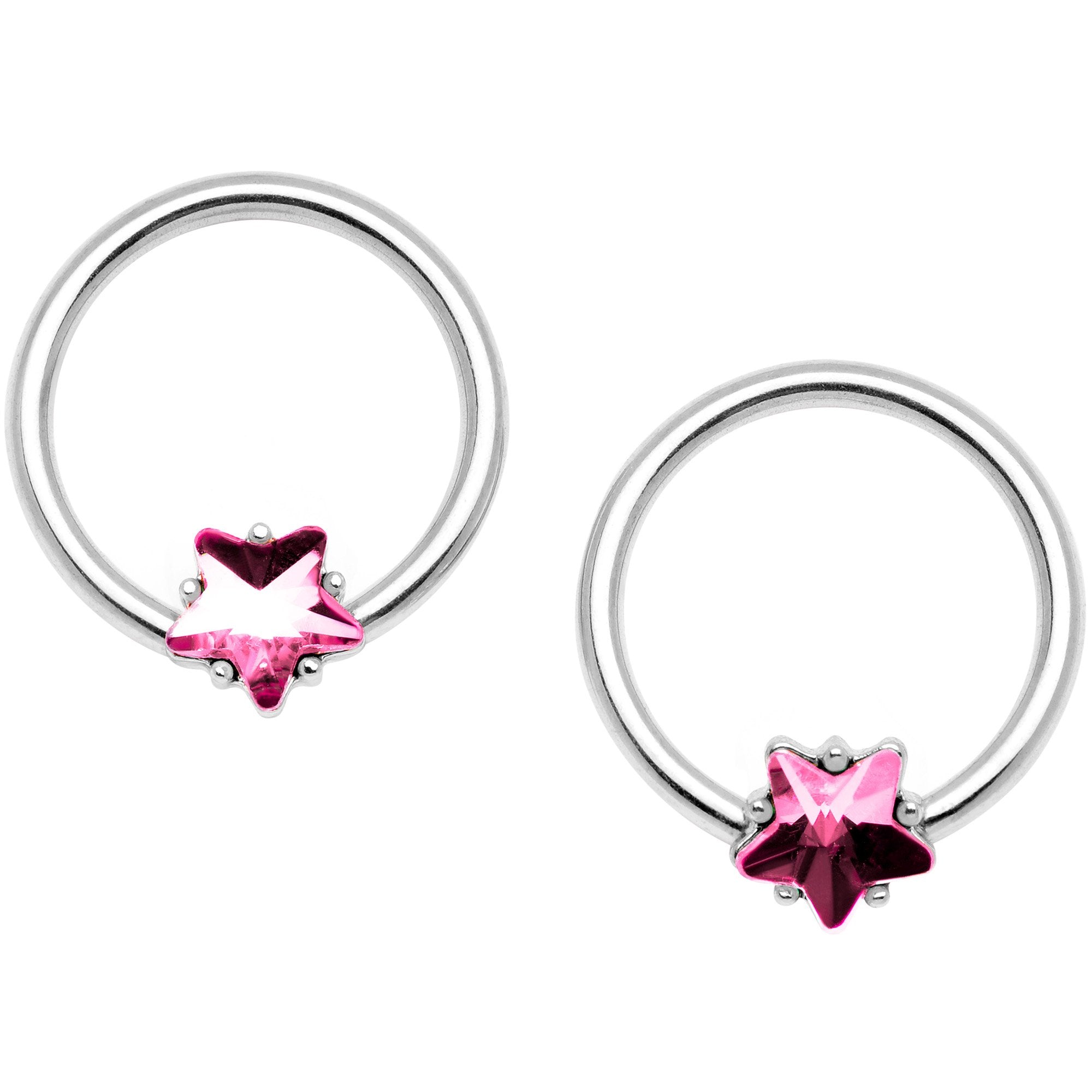 14 Gauge 9/16 1/2 Pink Star Gem BCR Barbell Nipple Ring Set