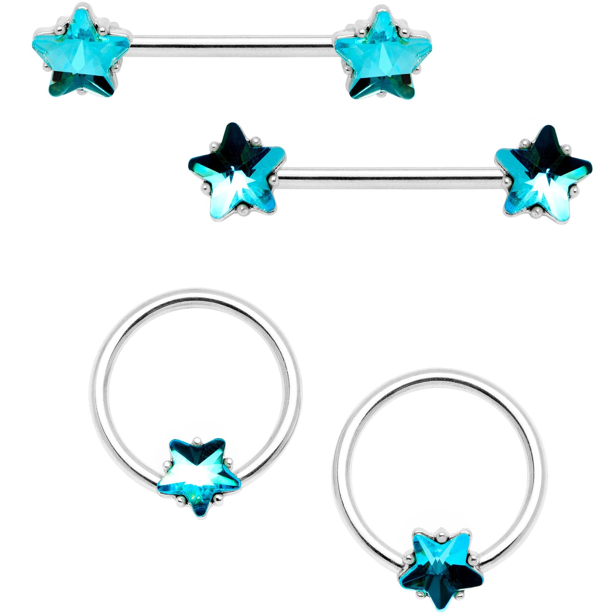 14 Gauge 9/16 1/2 Blue Star Gem BCR Barbell Nipple Ring Set