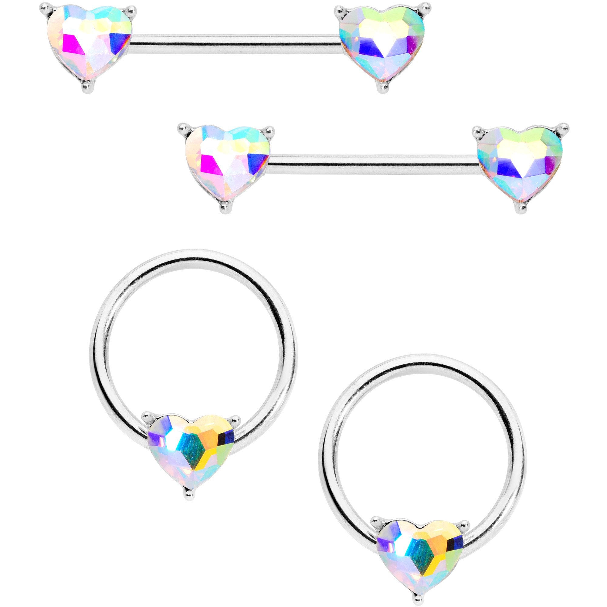 9/16 1/2 Aurora Heart Gem BCR Barbell Nipple Ring Set