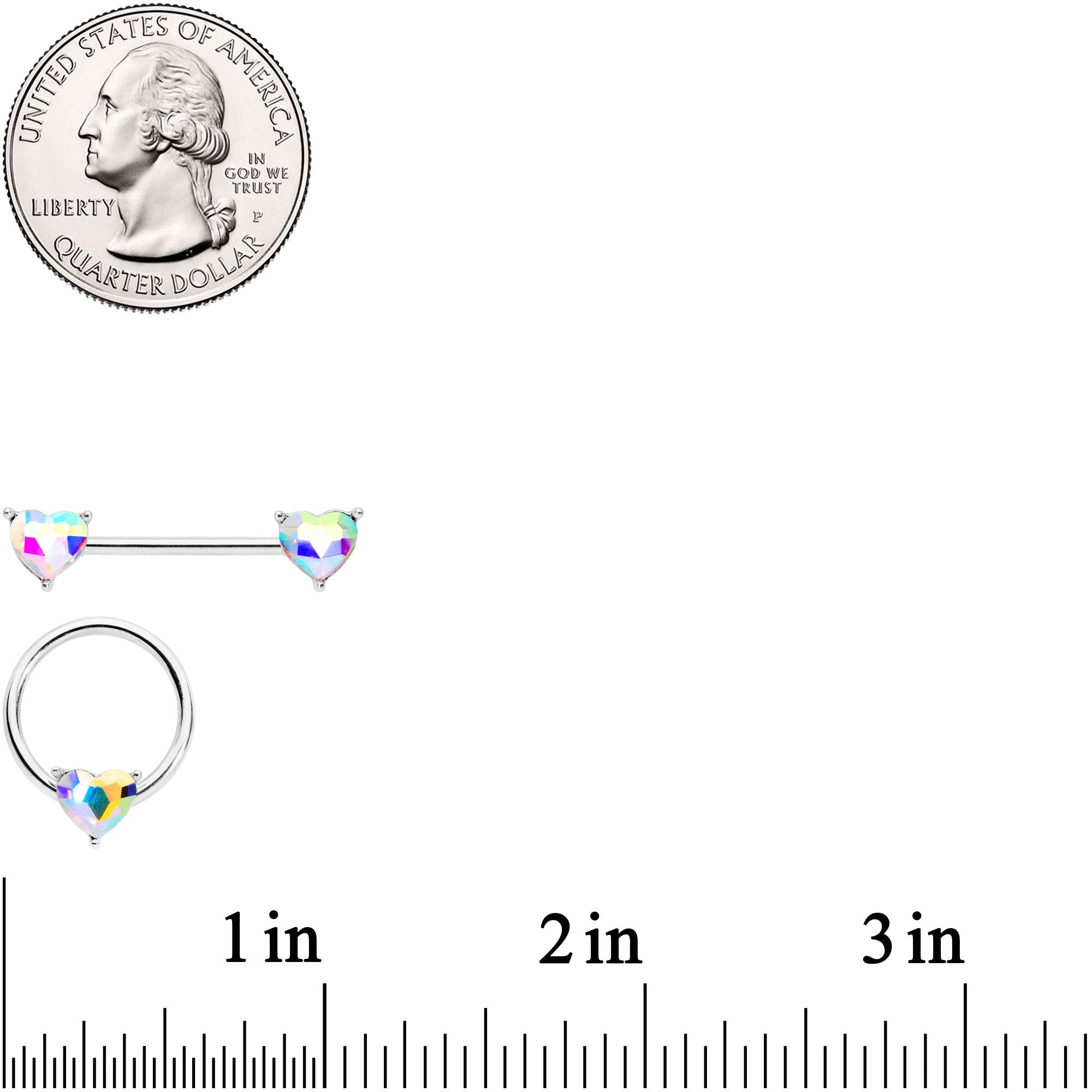 9/16 1/2 Aurora Heart Gem BCR Barbell Nipple Ring Set