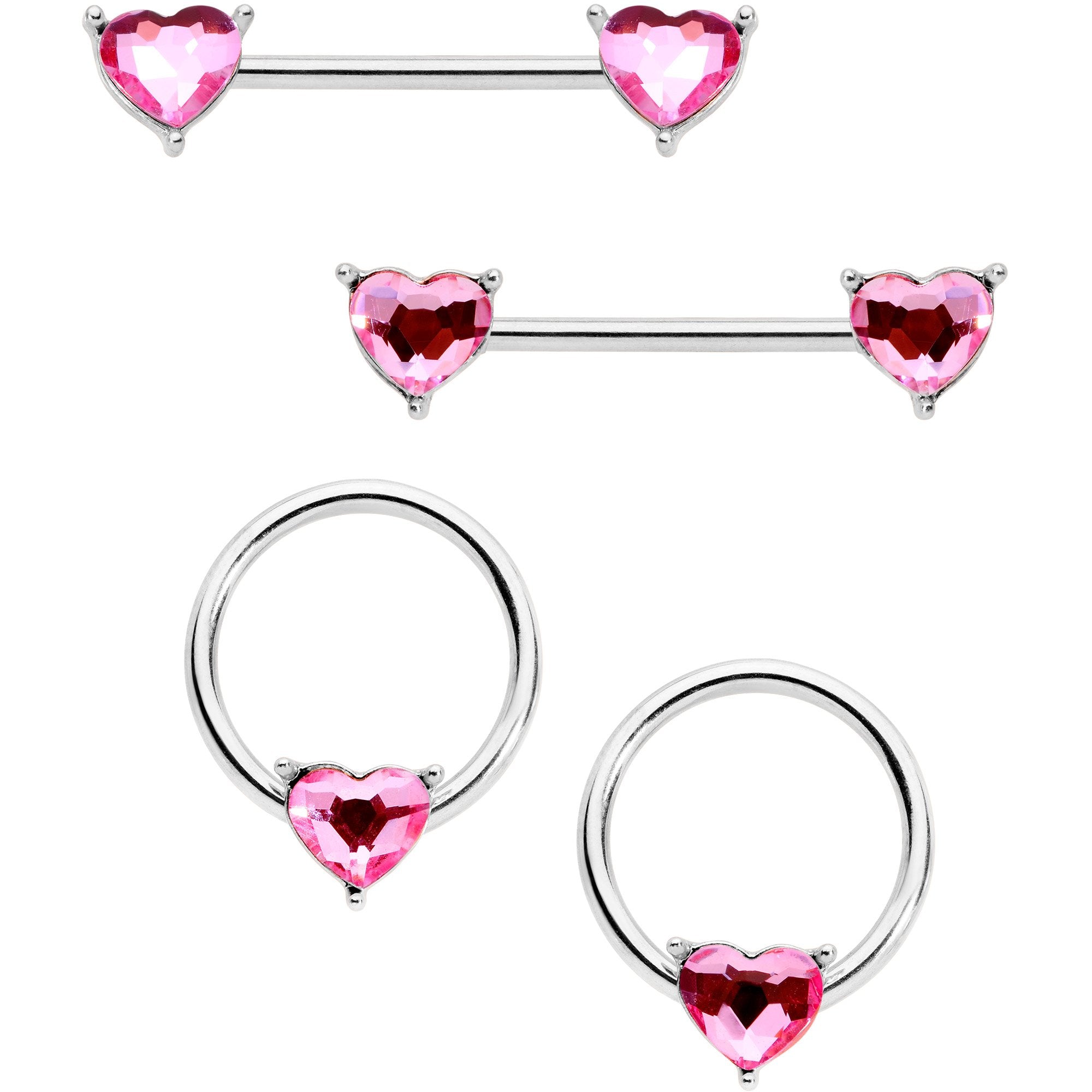 9/16 1/2 Pink Heart Gem BCR Barbell Nipple Ring Set