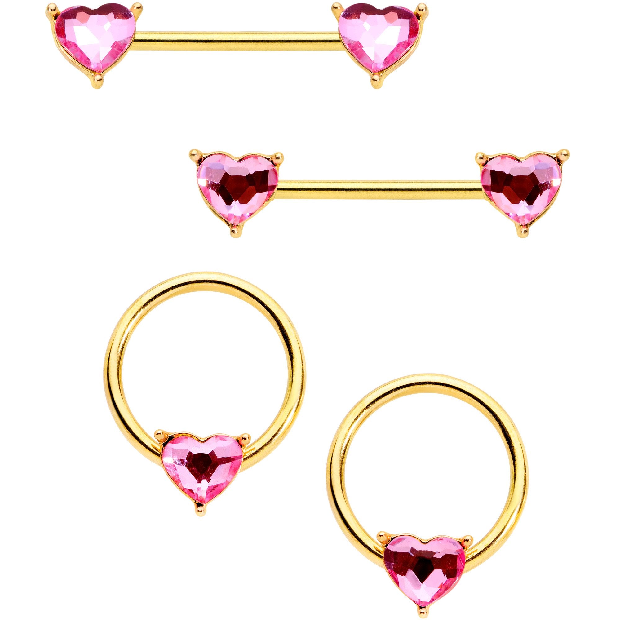 14 Gauge Pink Heart Gem Gold Tone BCR Nipple Ring Set