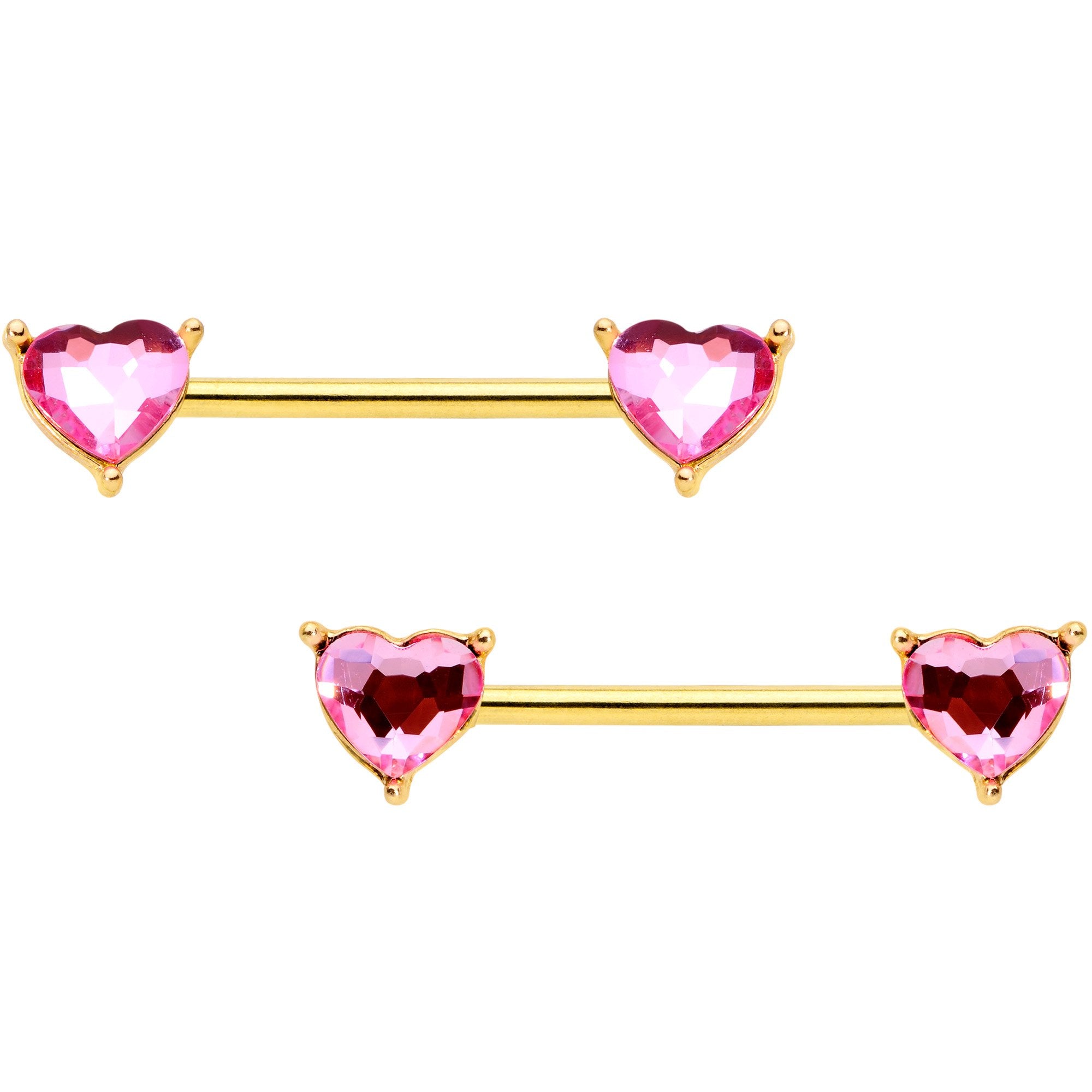 14 Gauge Pink Heart Gem Gold Tone BCR Nipple Ring Set