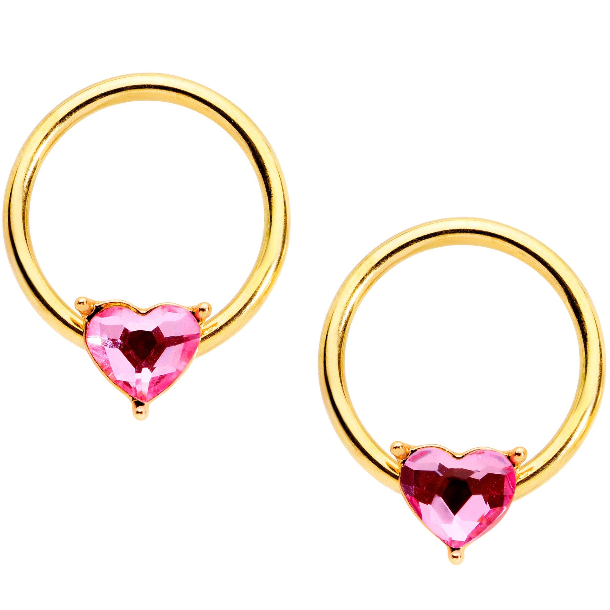 14 Gauge Pink Heart Gem Gold Tone BCR Nipple Ring Set