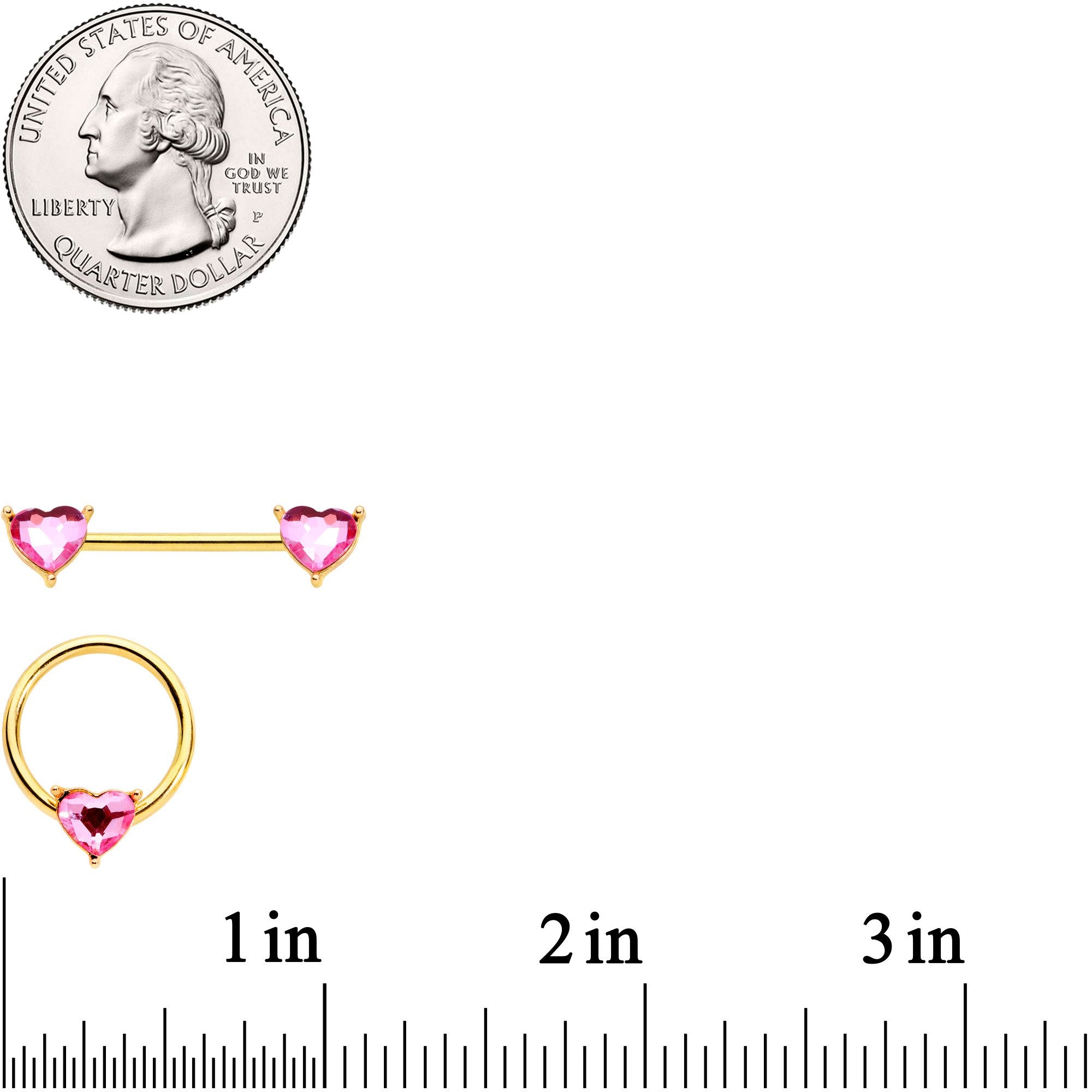 14 Gauge Pink Heart Gem Gold Tone BCR Nipple Ring Set