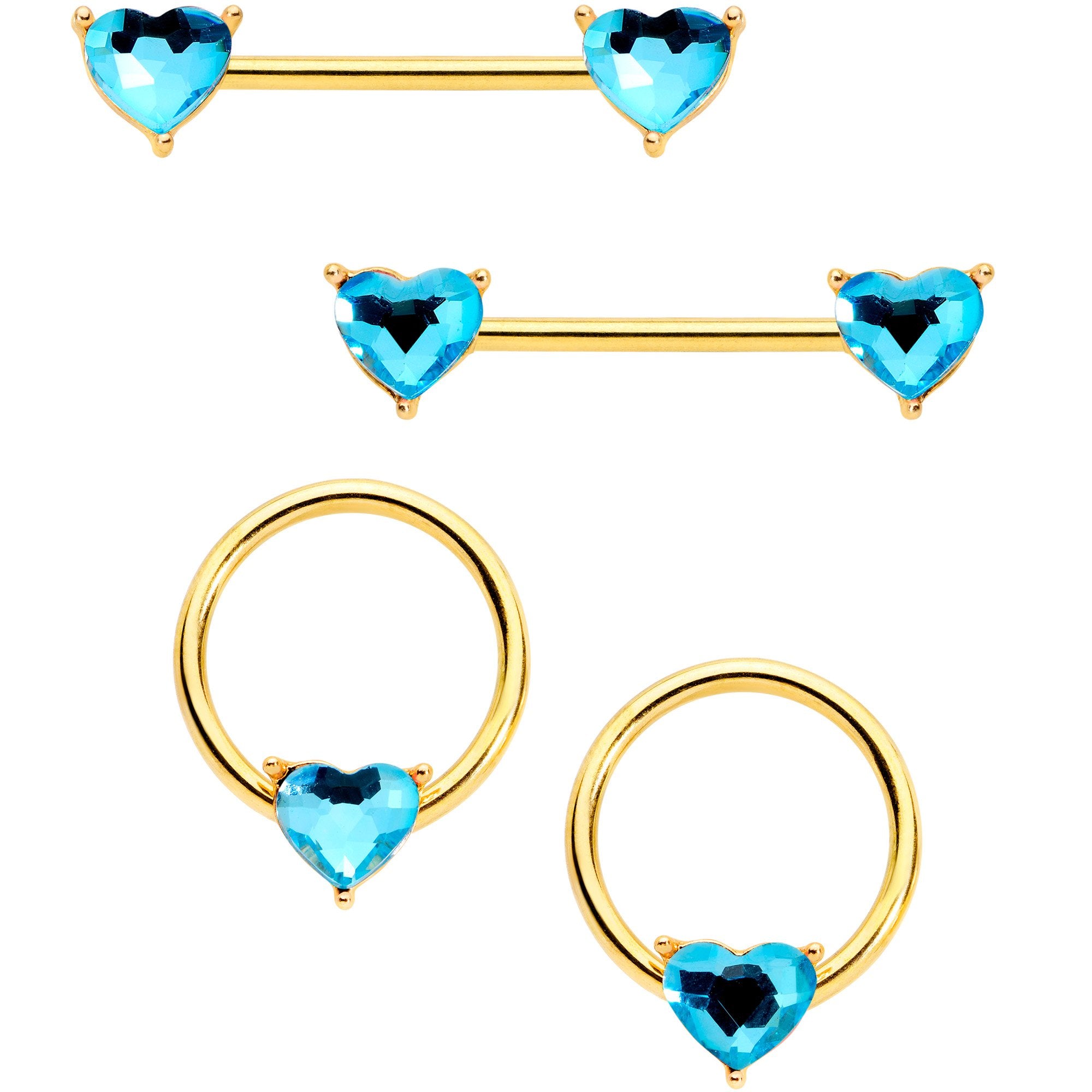 14 Gauge Blue Valentine Gem Gold Tone BCR Barbell Nipple Ring Set