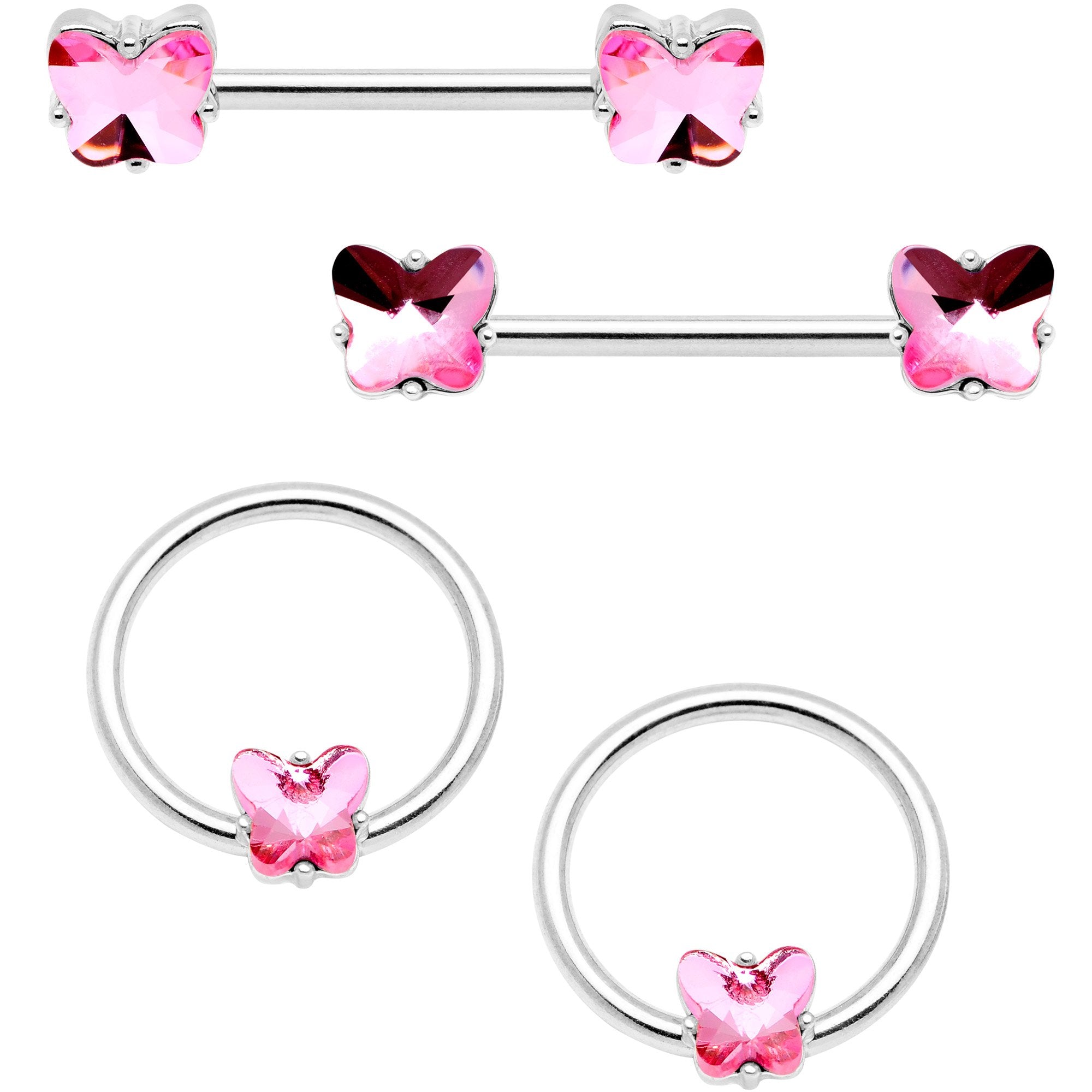 14 Gauge 9/16 1/2 Pink Butterfly Gem BCR Barbell Nipple Ring Set