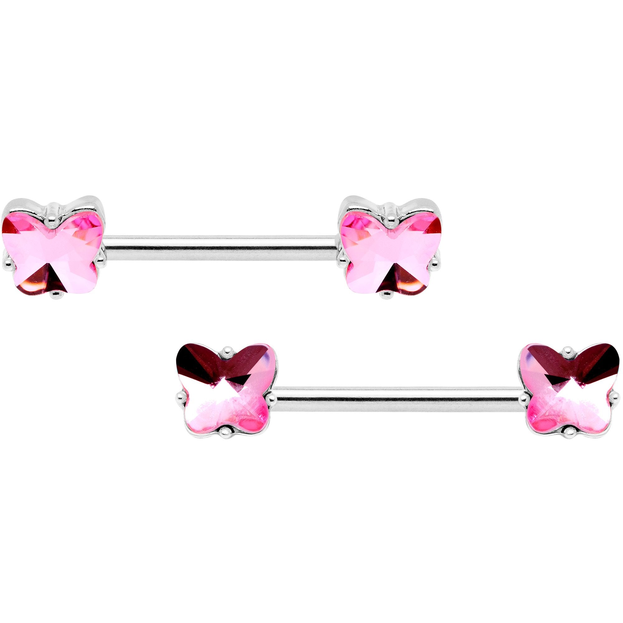 14 Gauge 9/16 1/2 Pink Butterfly Gem BCR Barbell Nipple Ring Set