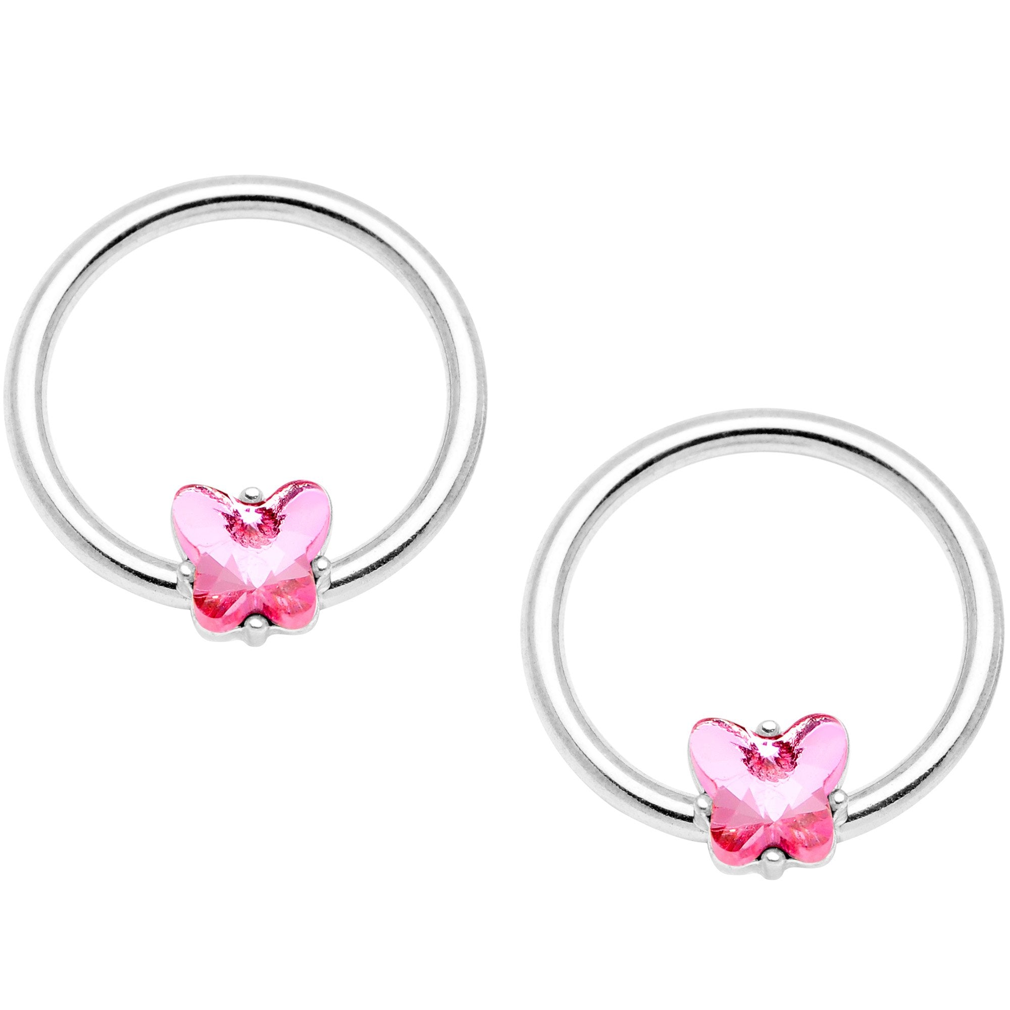 14 Gauge 9/16 1/2 Pink Butterfly Gem BCR Barbell Nipple Ring Set