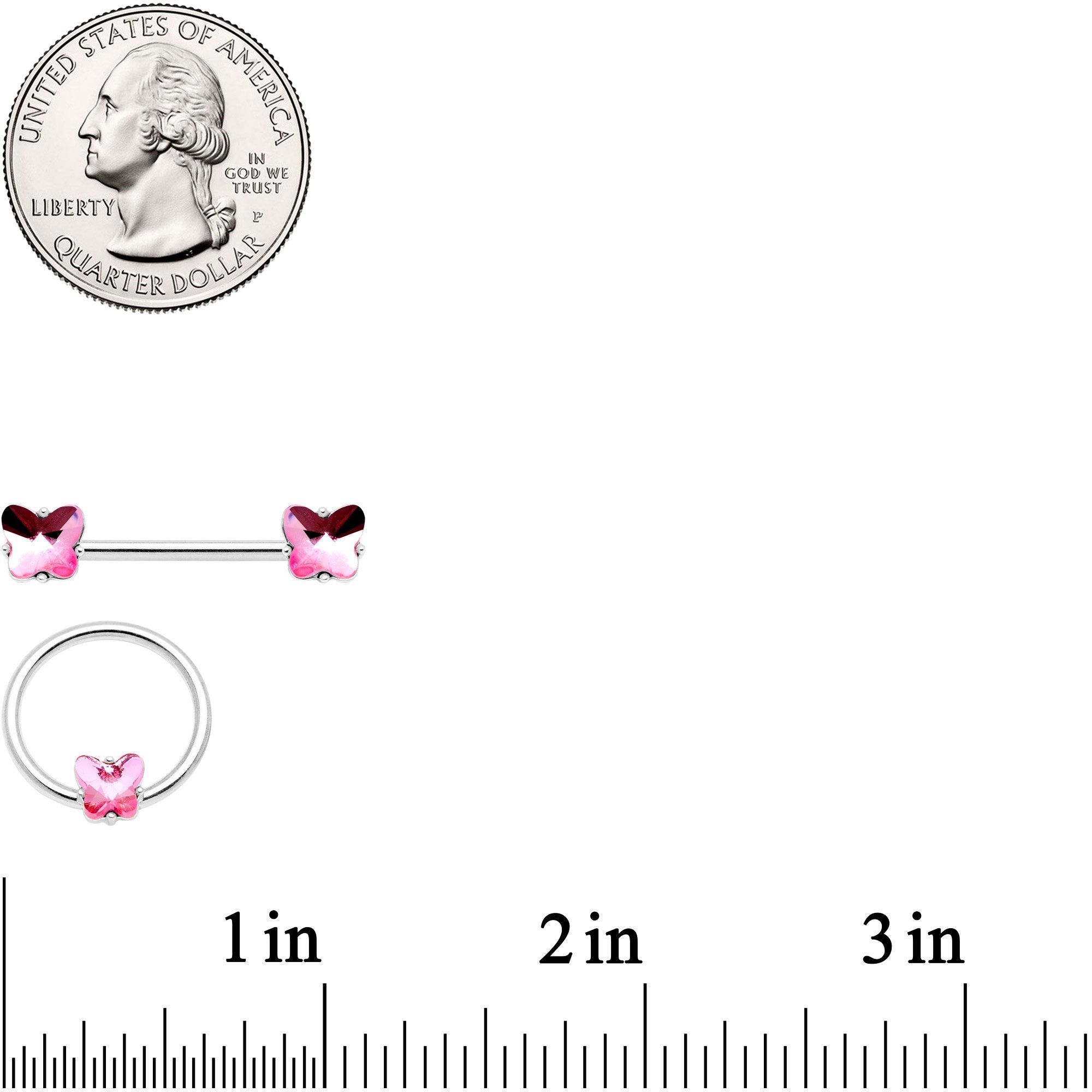 14 Gauge 9/16 1/2 Pink Butterfly Gem BCR Barbell Nipple Ring Set