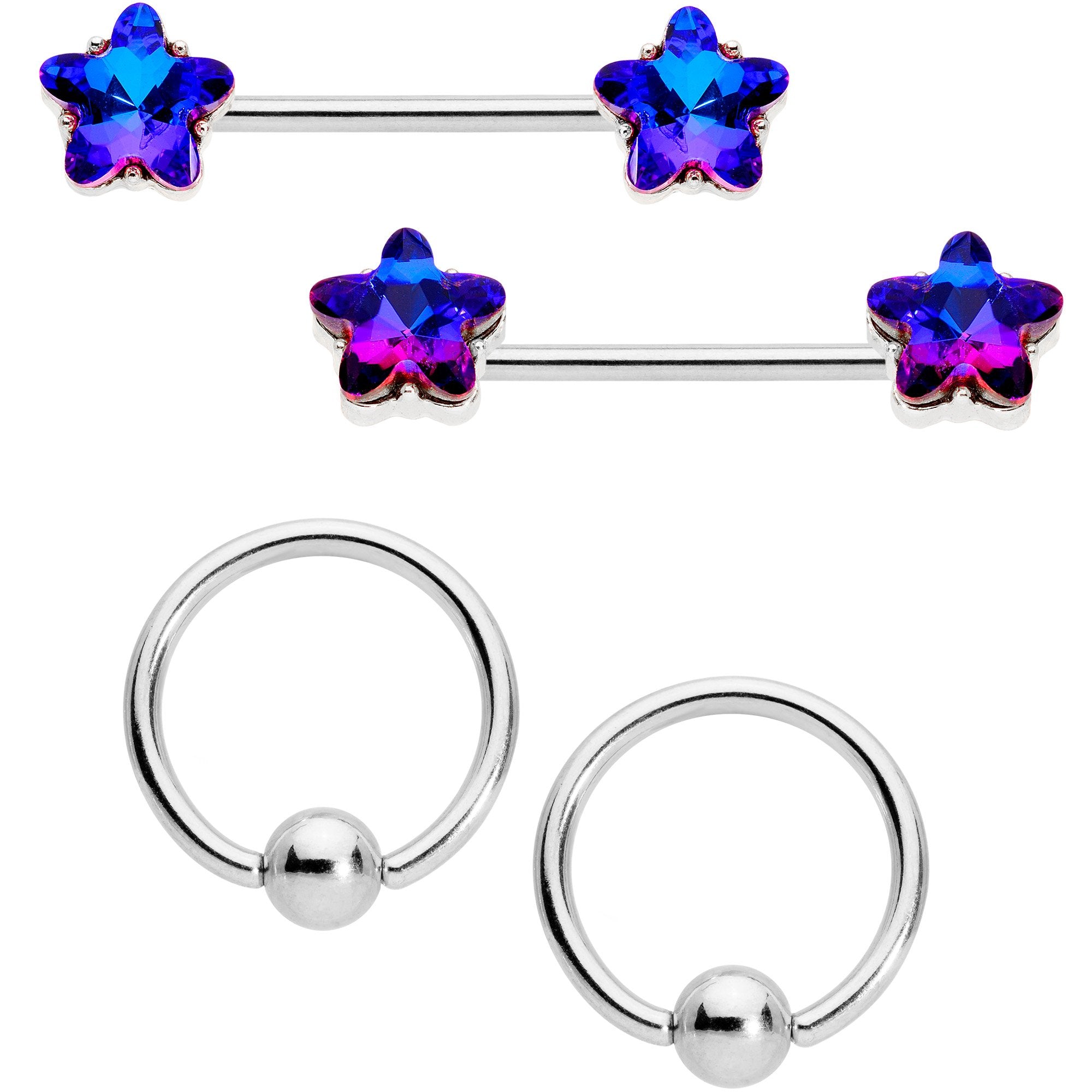 14 Gauge 9/16 1/2 Purple Blue Star BCR Barbell Nipple Ring Set