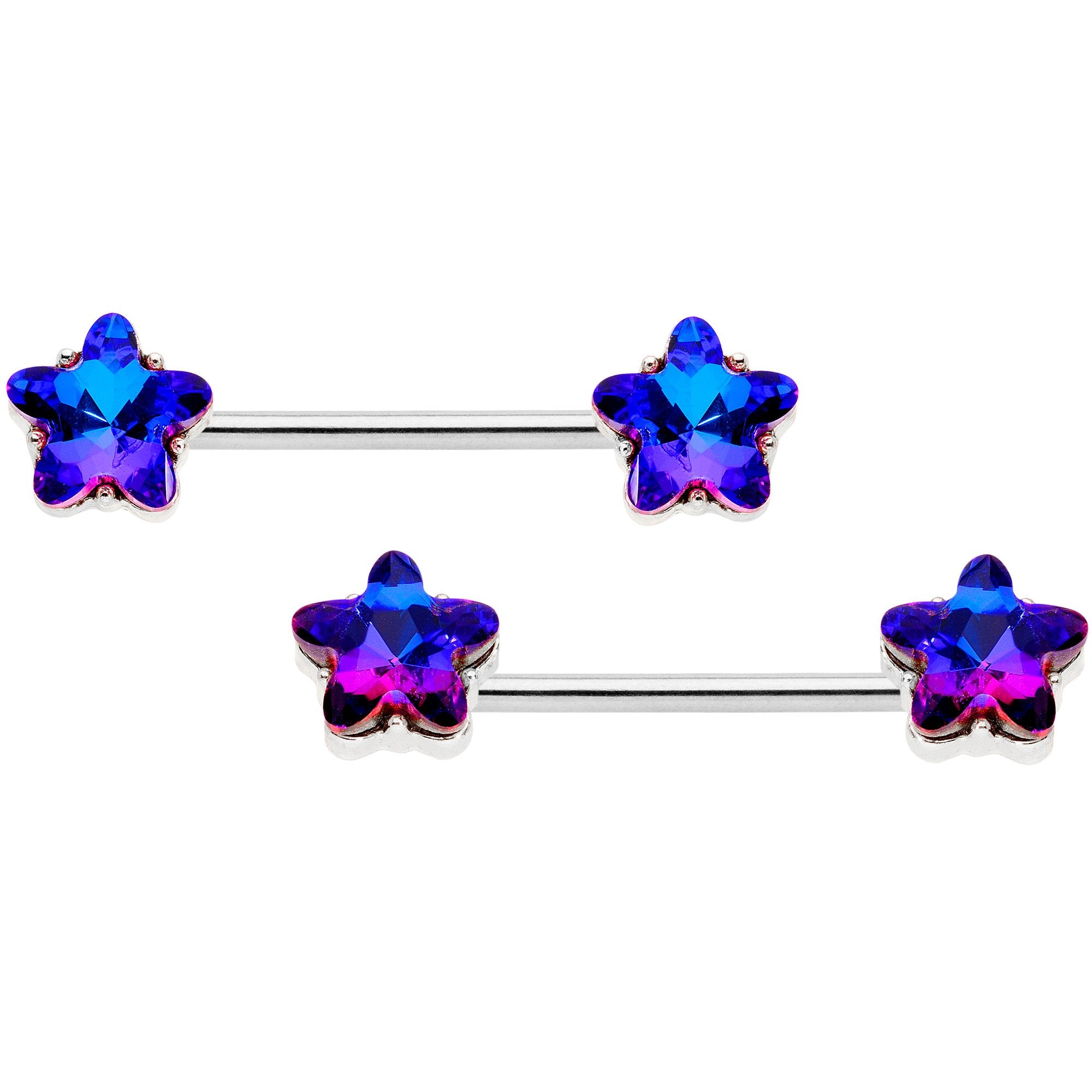 14 Gauge 9/16 1/2 Purple Blue Star BCR Barbell Nipple Ring Set