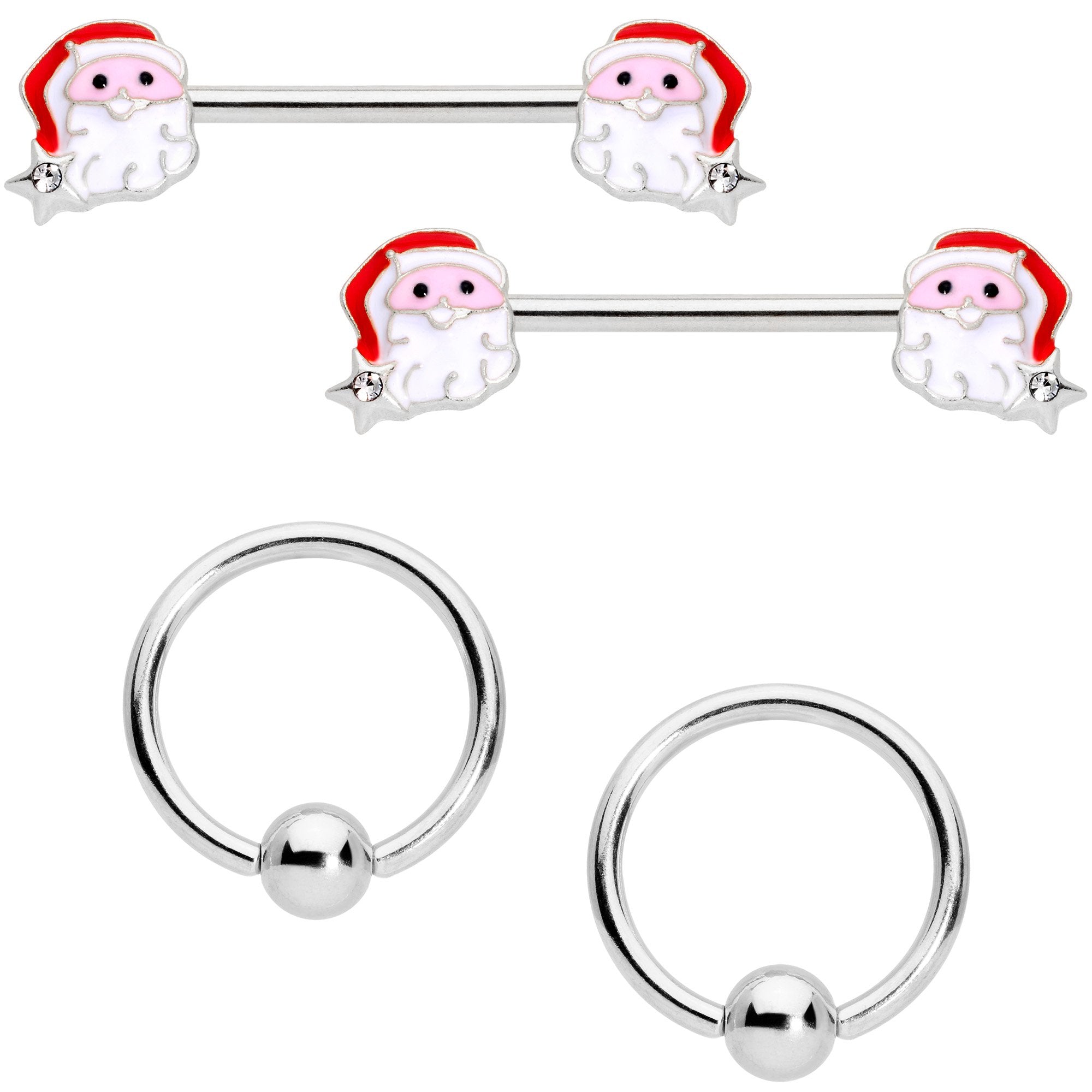 14 Gauge 9/16 Santa Captive Barbell Nipple Ring Set of 4