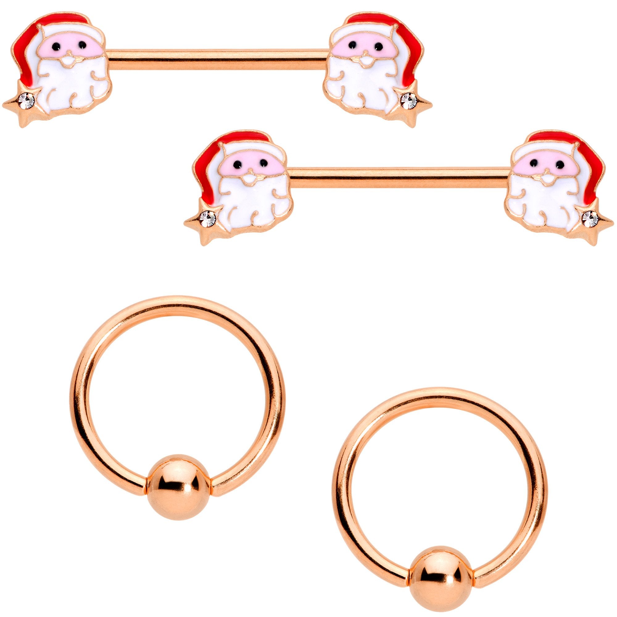 14 Gauge Rose Gold Tone Santa Captive Barbell Nipple Ring Set of 4