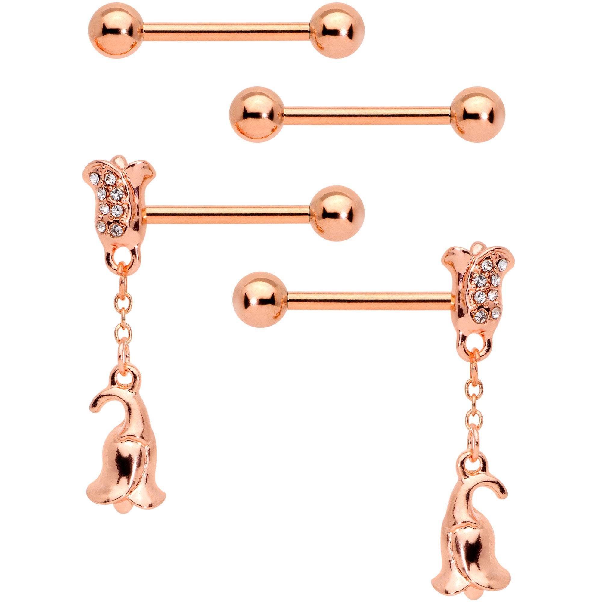 14 Gauge 9/16 Rose Gold Tone Flowers Barbell Nipple Ring Set of 4