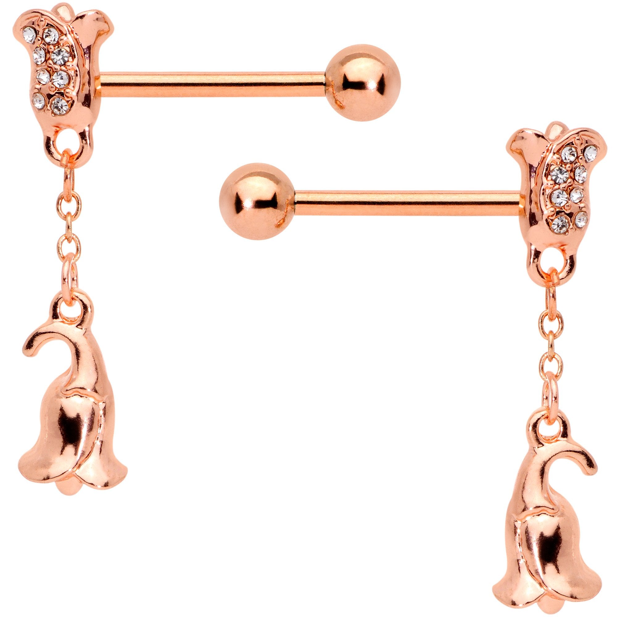 14 Gauge 9/16 Rose Gold Tone Flowers Barbell Nipple Ring Set of 4