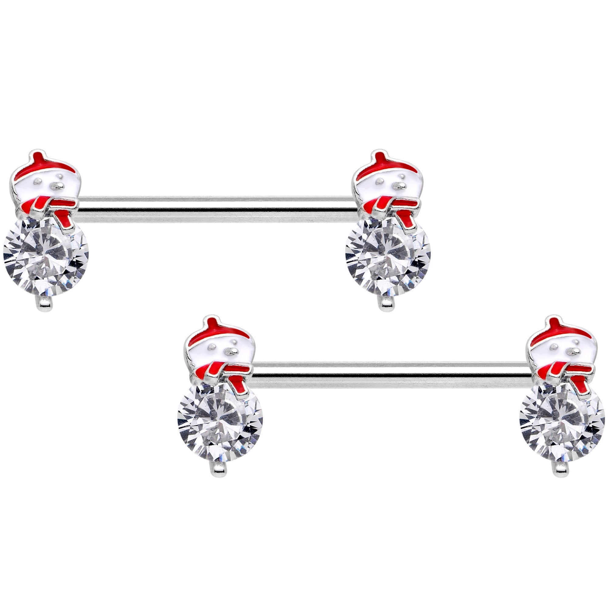 14 Gauge 9/16 Clear Gem Winter Snowman Barbell Nipple Ring Set