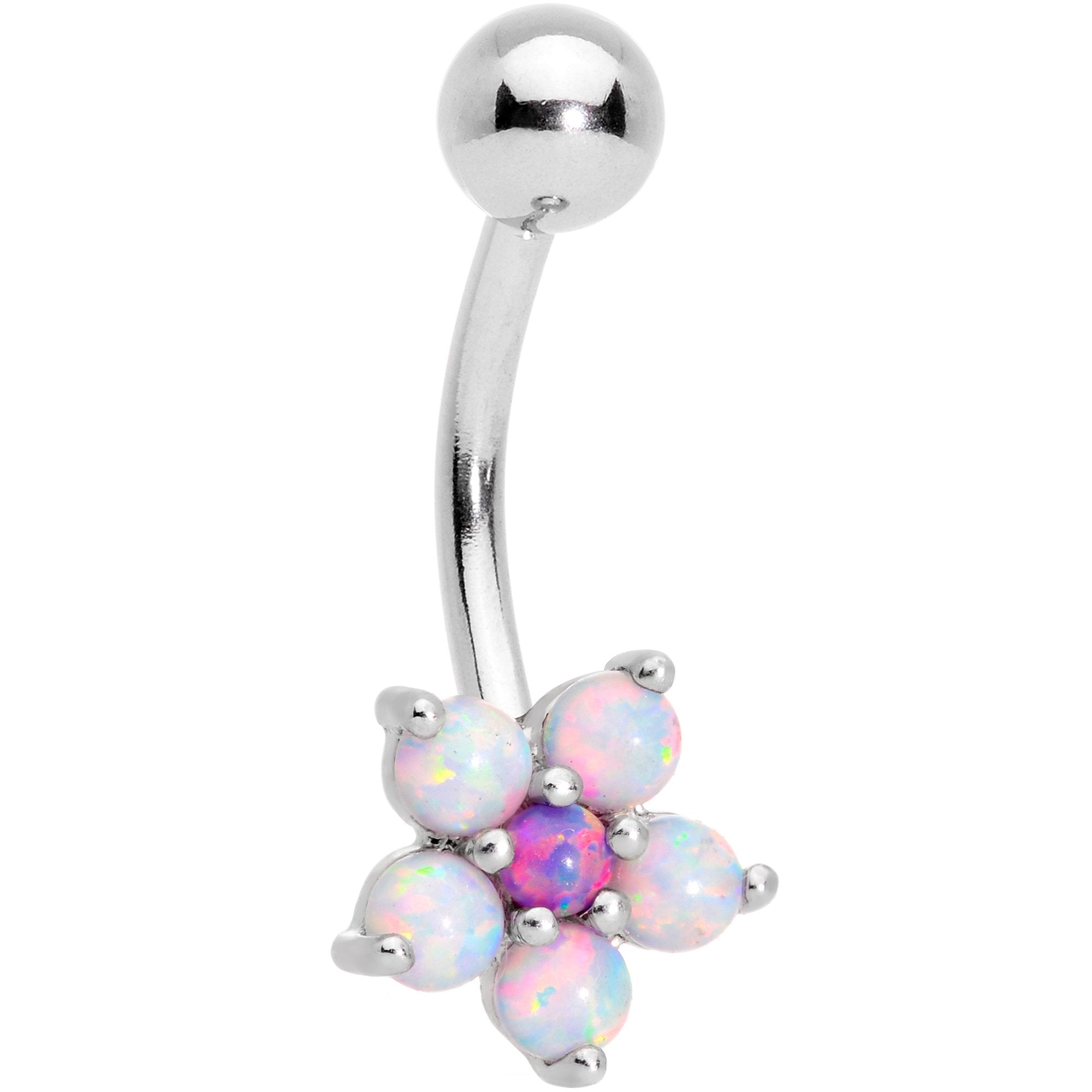 White Synthetic Opal Aurora Gem Flower Belly Ring