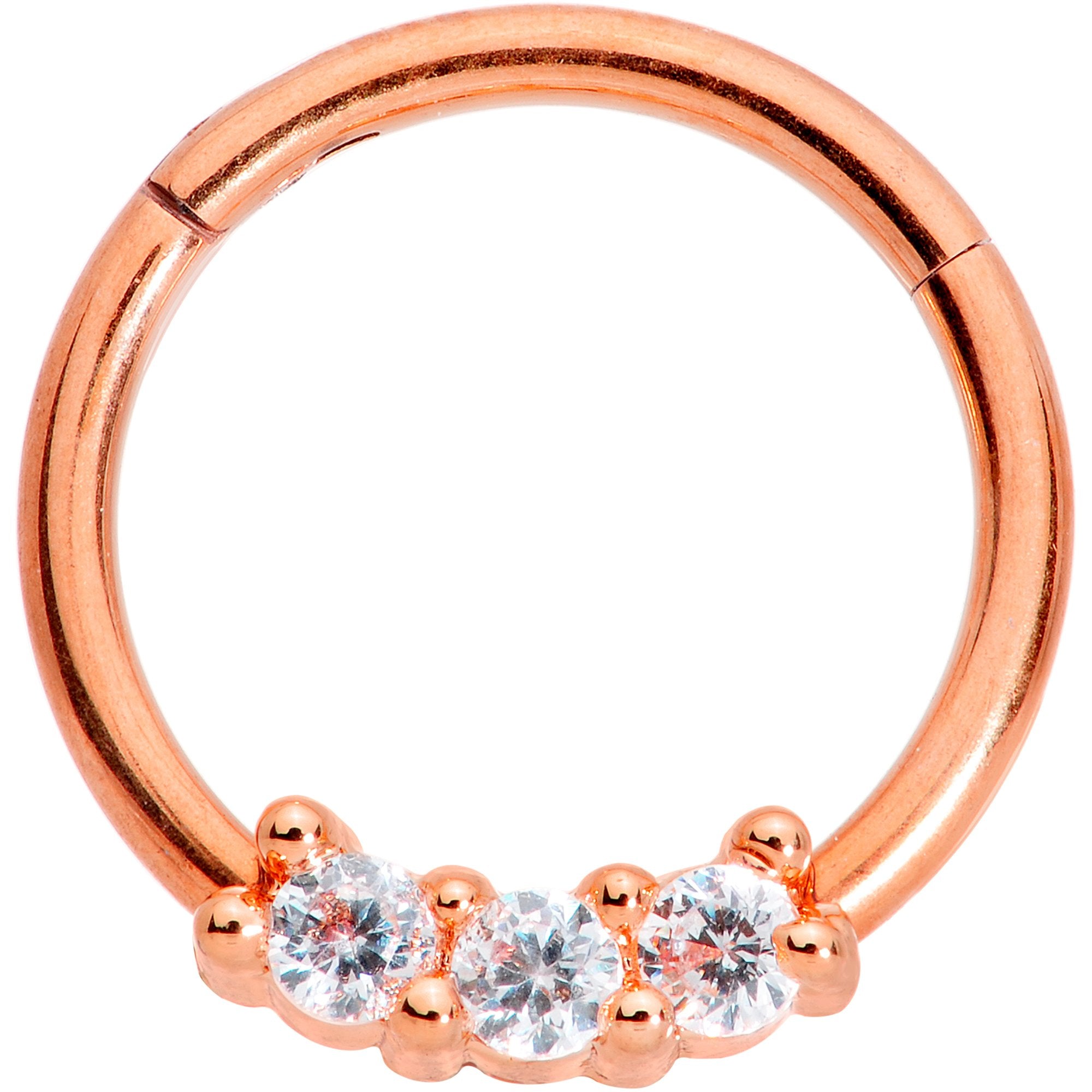 16 Gauge 3/8 Clear CZ Gem Rose Gold Tone Trio Hinged Segment Ring