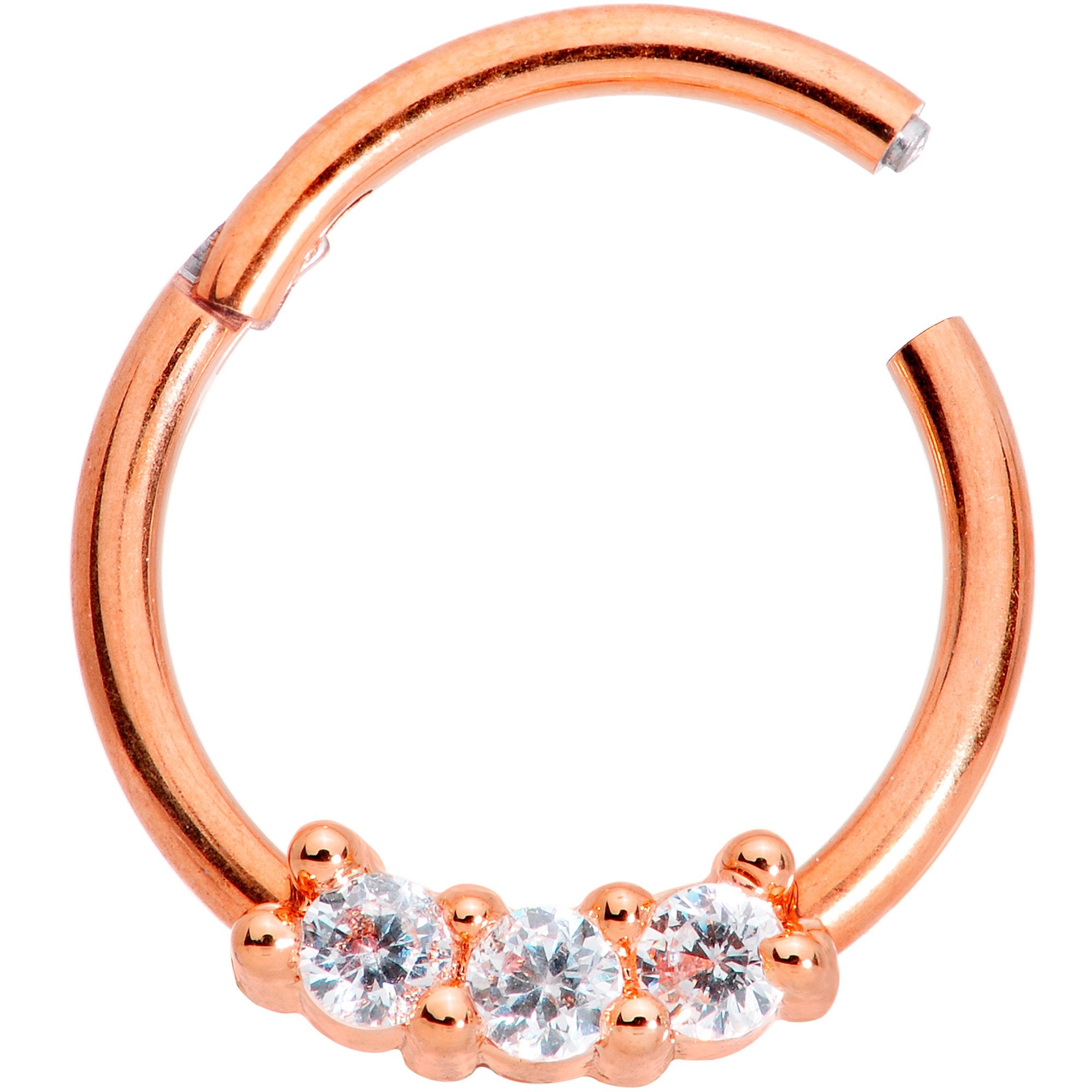 16 Gauge 3/8 Clear CZ Gem Rose Gold Tone Trio Hinged Segment Ring