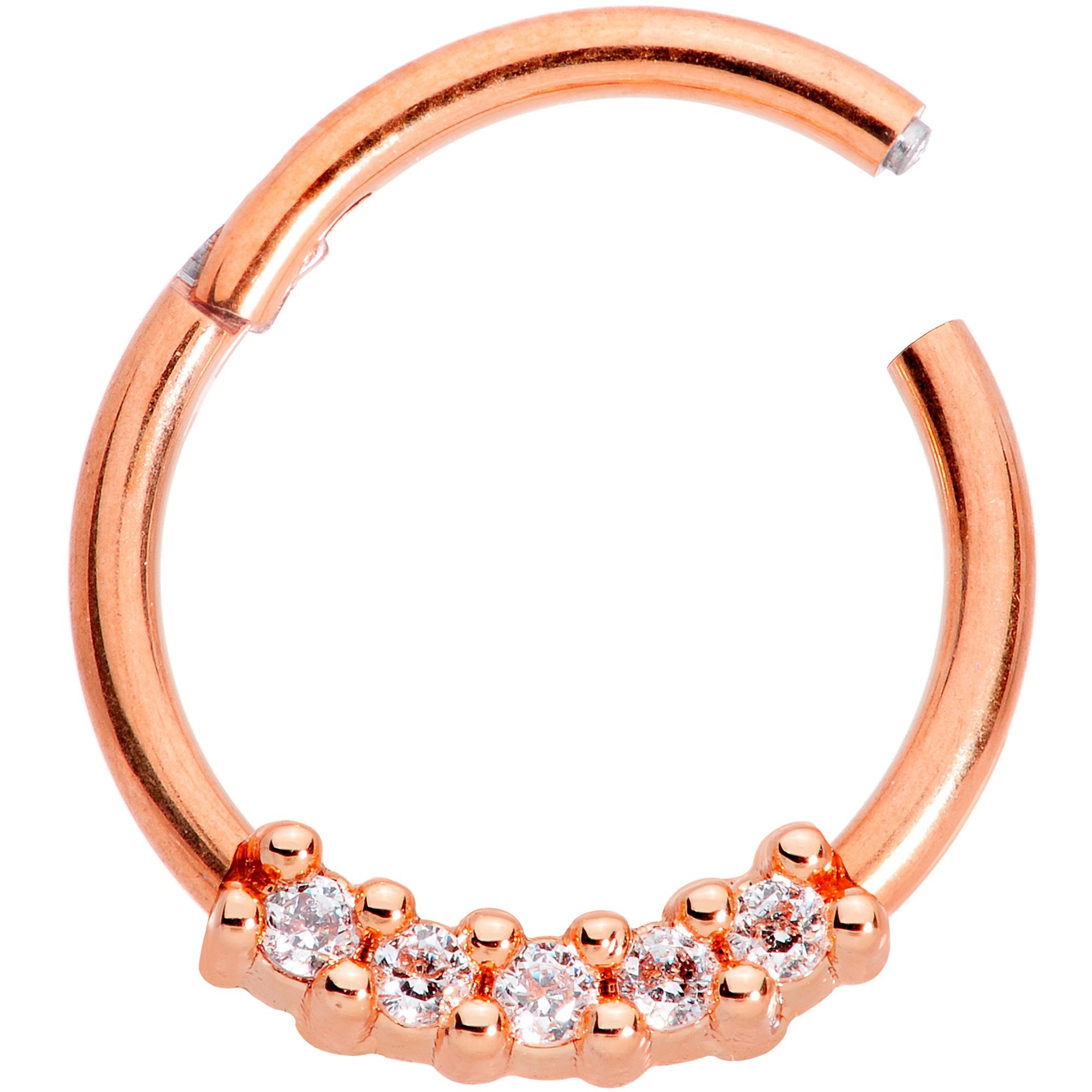 16 Gauge 3/8 Clear CZ Gem Rose Gold Tone Quartet Hinged Segment Ring