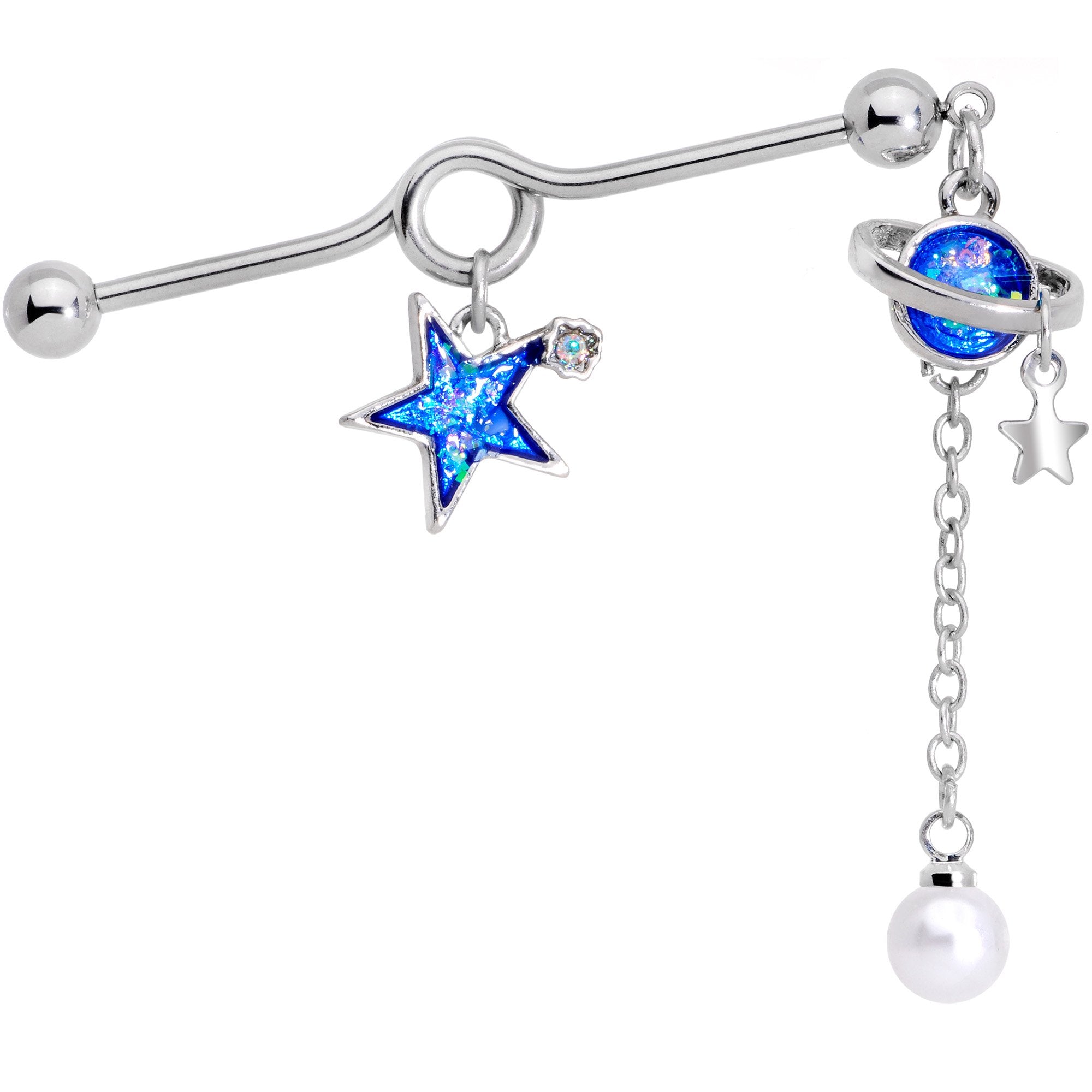 Clear Gem Blue Glitter Saturn Star Dangle Industrial Barbell 38mm