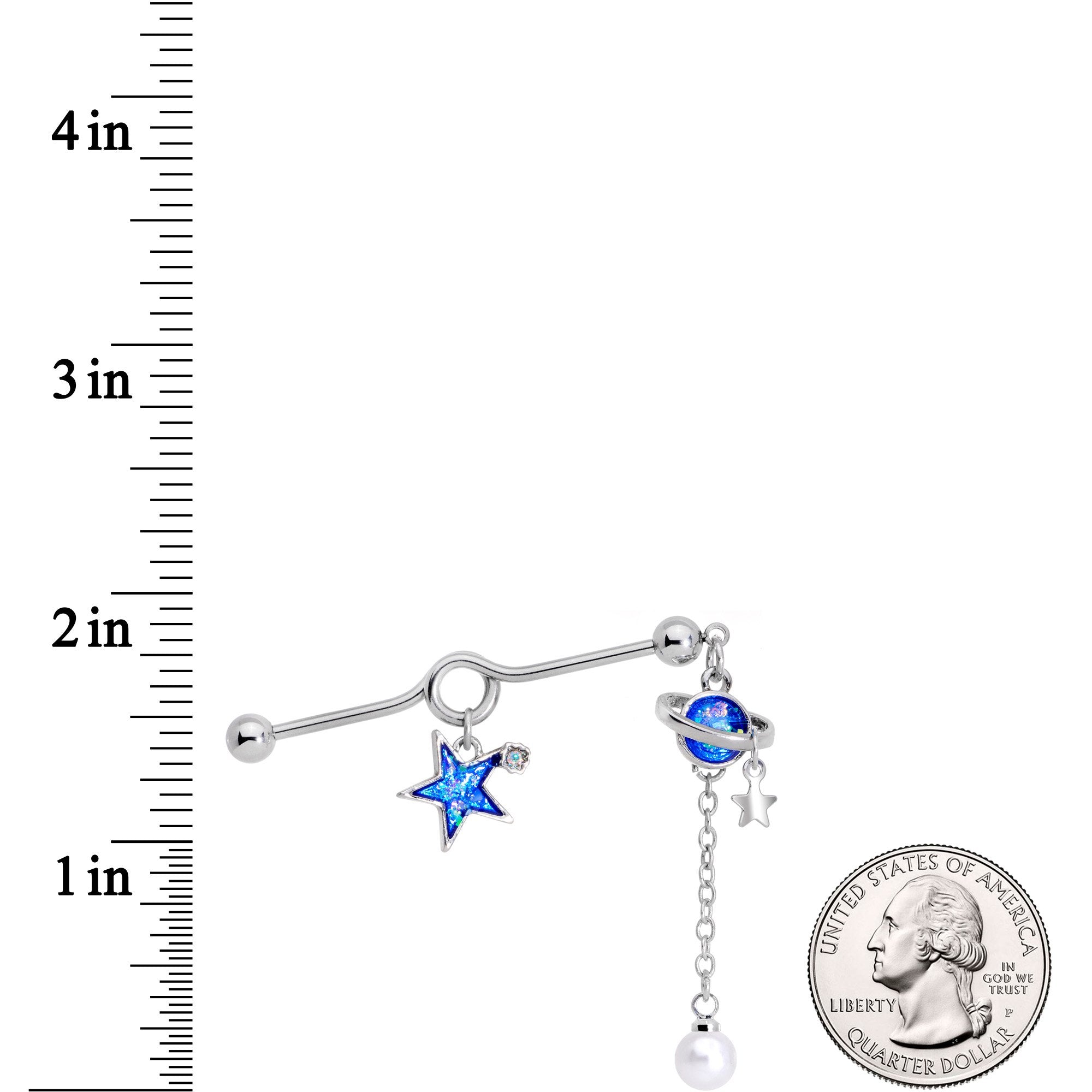 Clear Gem Blue Glitter Saturn Star Dangle Industrial Barbell 38mm