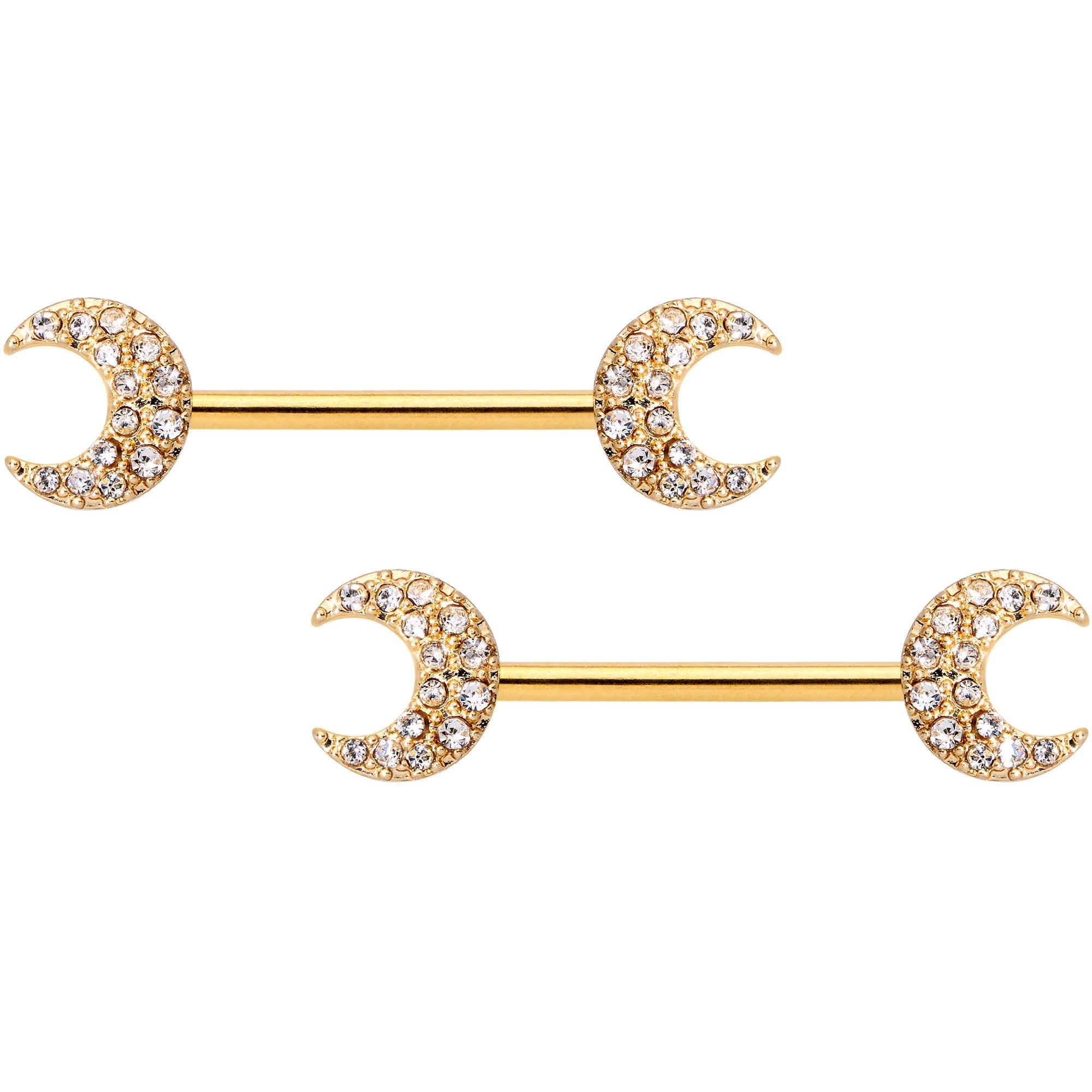 14 Gauge 9/16 Clear Gem Gold Tone Crescent Moon Barbell Nipple Ring Set