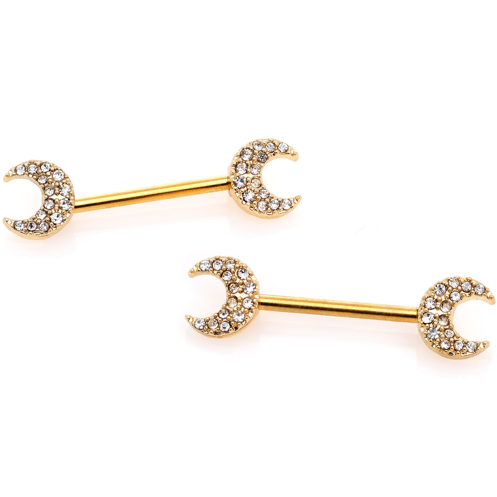 14 Gauge 9/16 Clear Gem Gold Tone Crescent Moon Barbell Nipple Ring Set