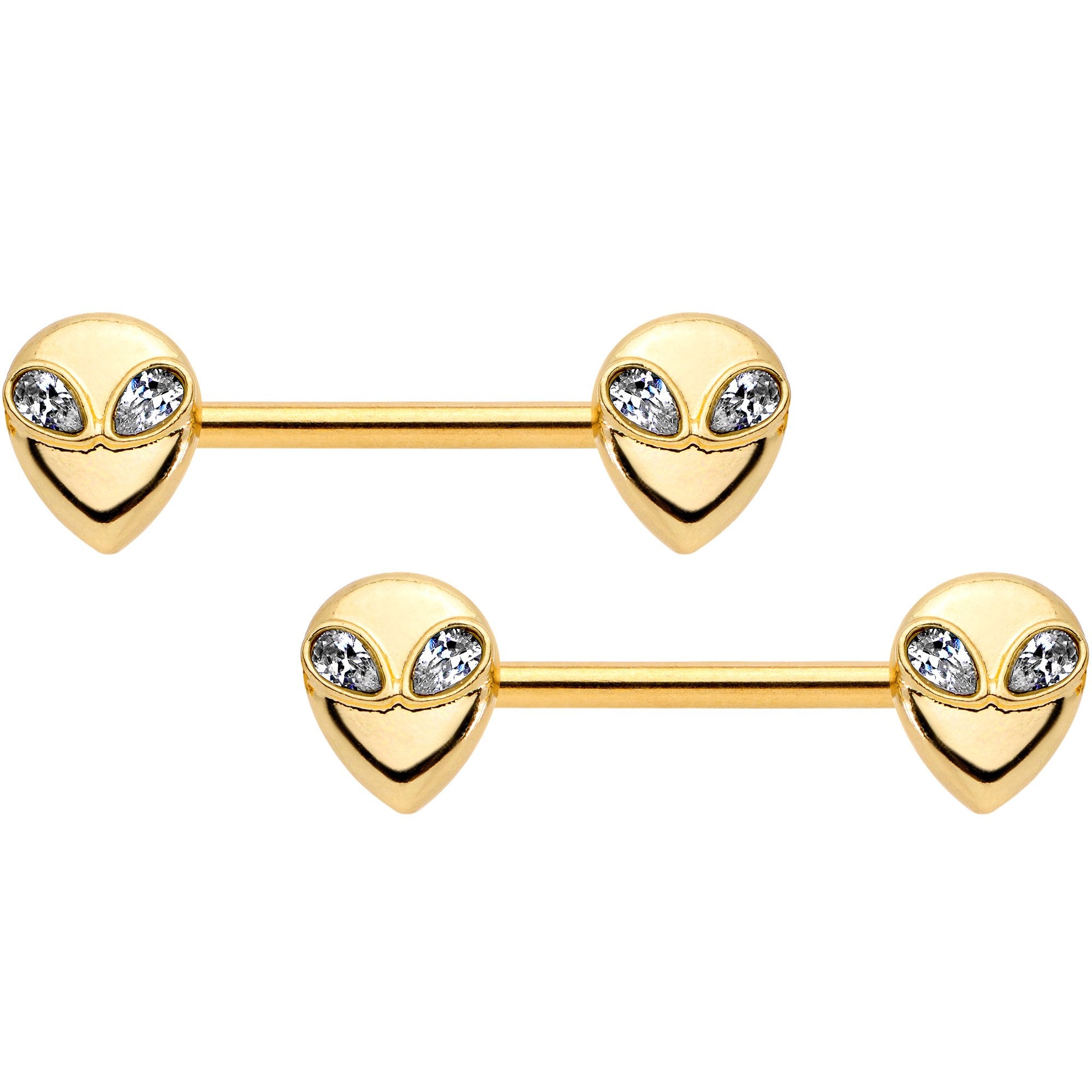 14 Gauge 9/16 Clear Gem Gold PVD Space Alien Barbell Nipple Ring Set