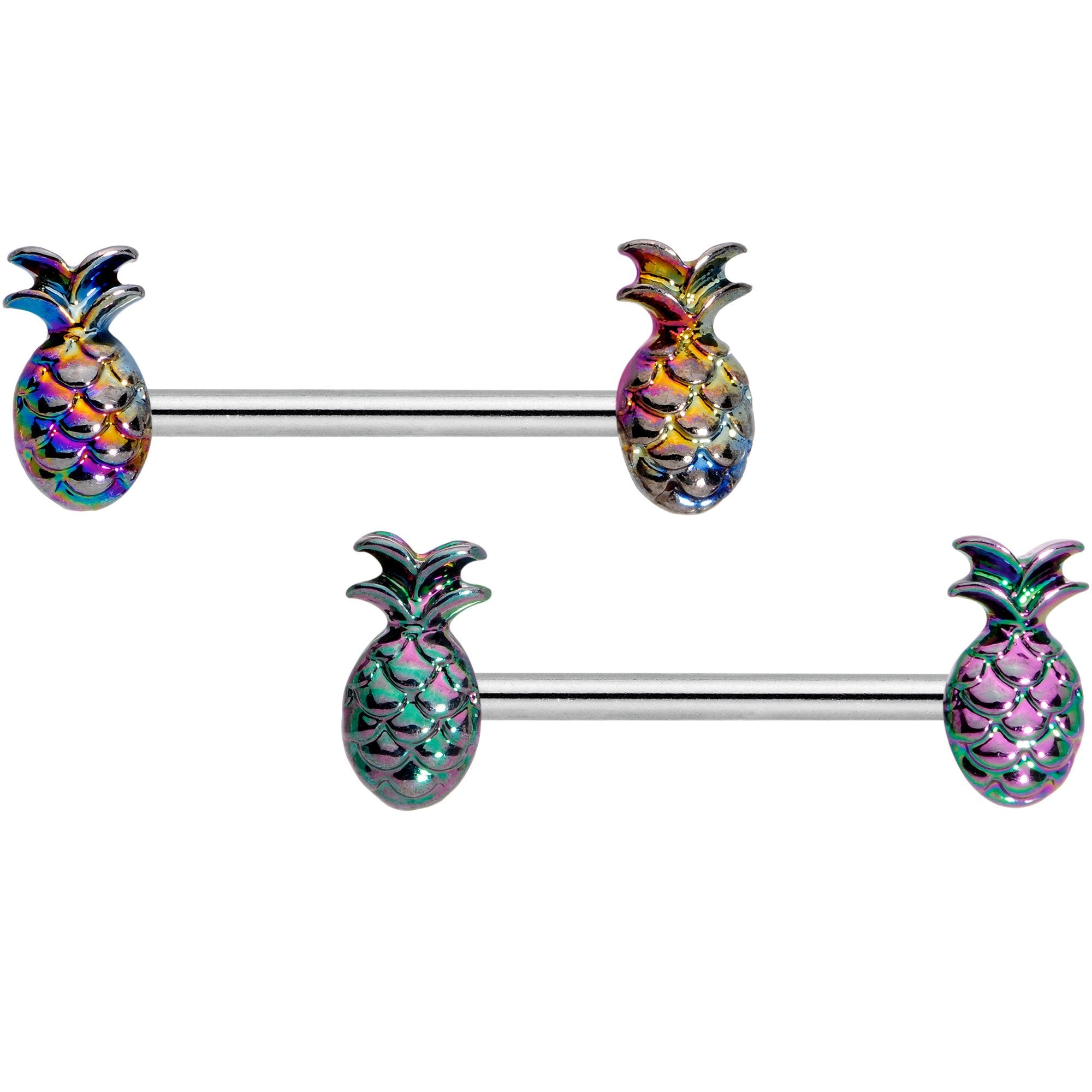 14 Gauge 9/16 Iridescent Rainbow Pineapple Barbell Nipple Ring Set