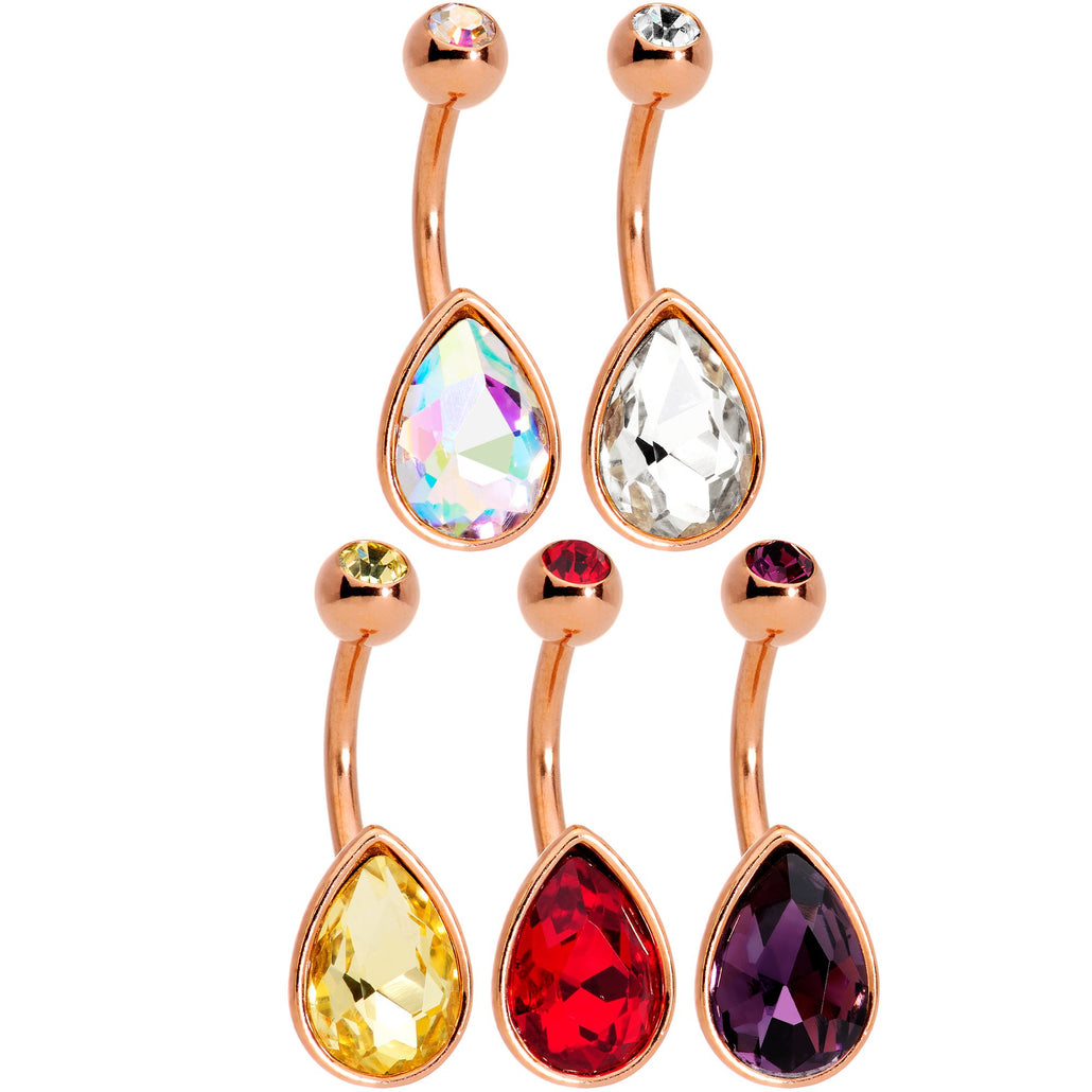 Color Gem Rose Gold Tone Drop Glamour Belly Ring Set of 5