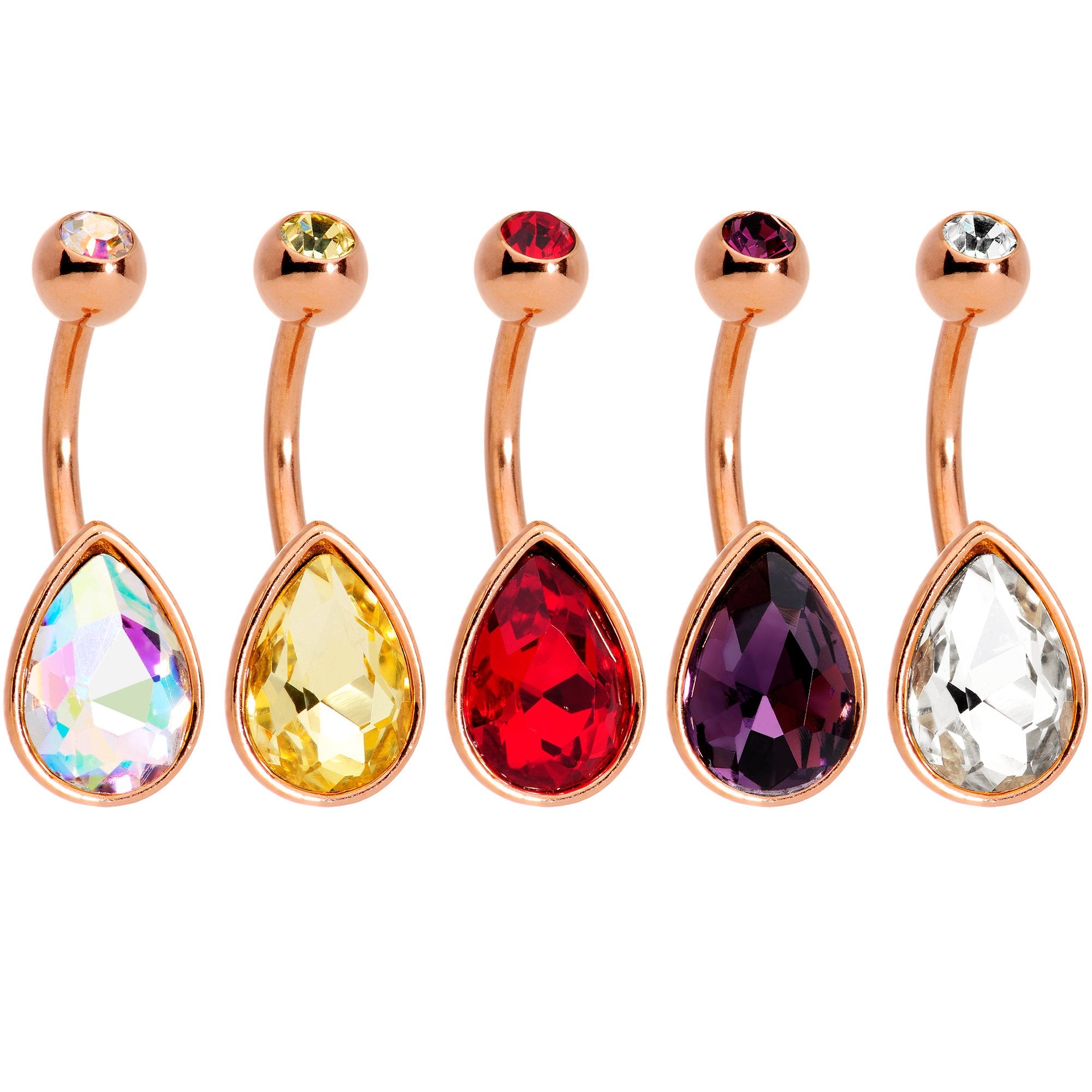 Color Gem Rose Gold Tone Drop Glamour Belly Ring Set of 5