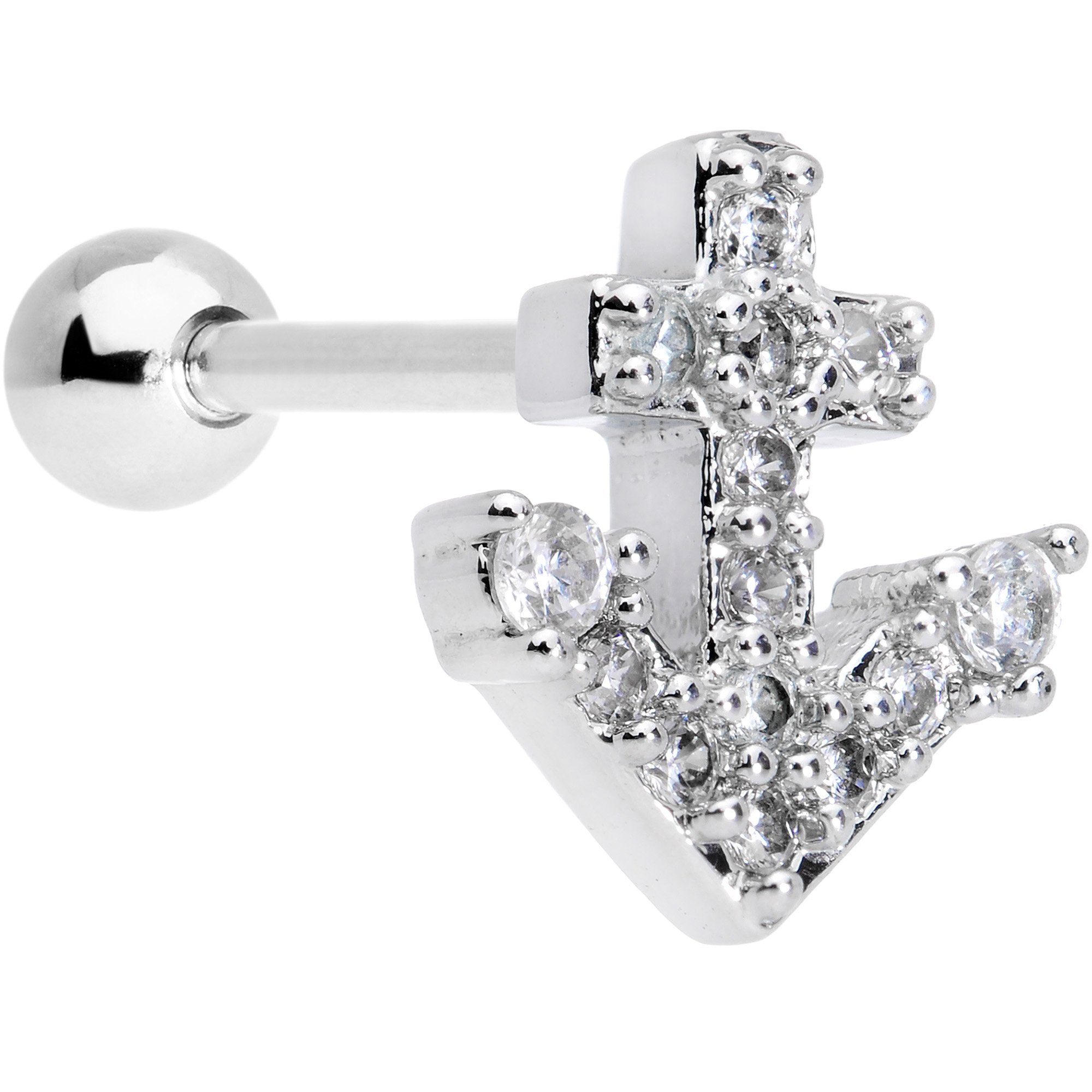 18 Gauge 5/16 Clear CZ Gem Nautical Anchor Cartilage Tragus Earring