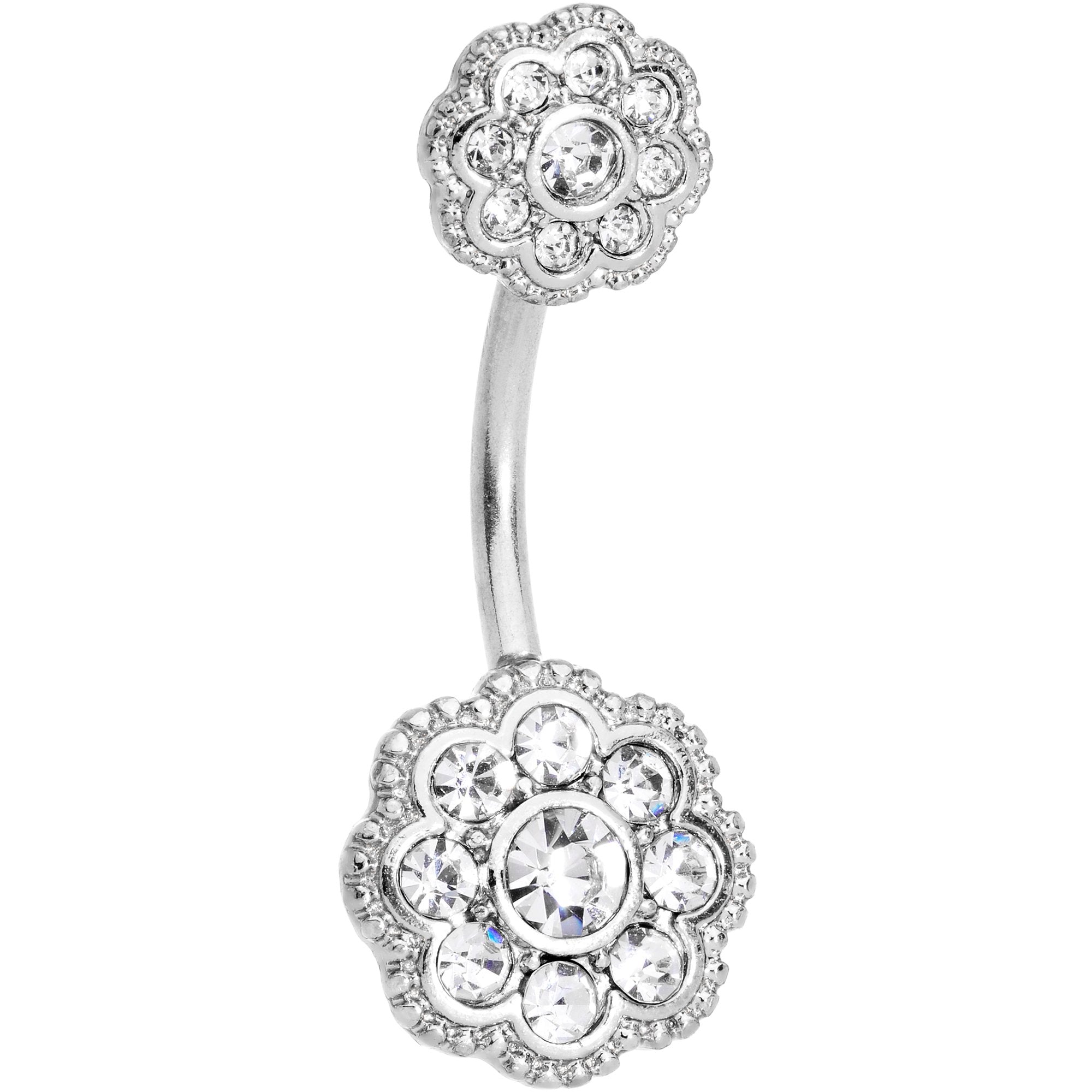 Clear CZ Gem Art Deco Flower Double Mount Belly Ring