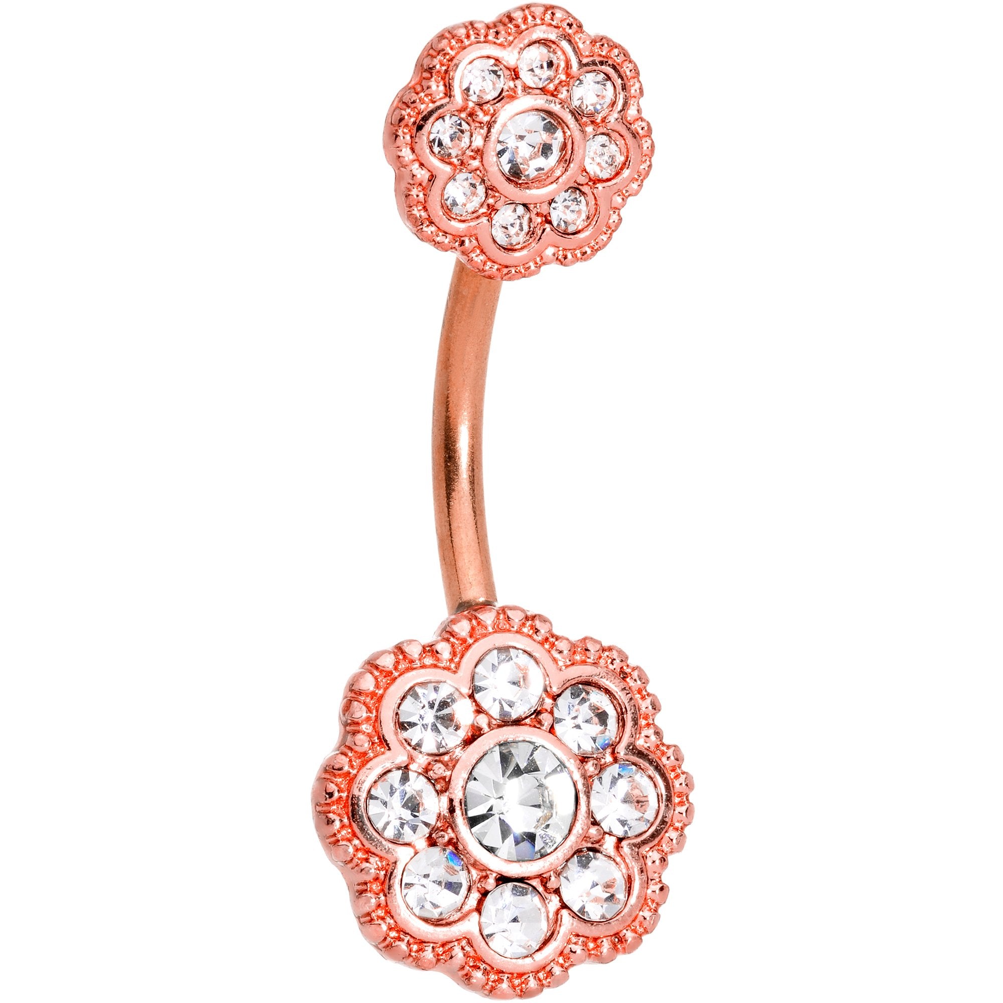 Clear CZ Gem Rose Gold Tone Art Deco Flower Double Mount Belly Ring