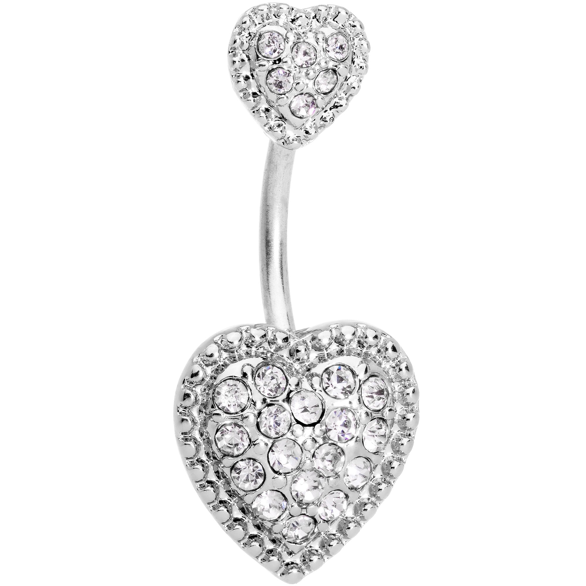 Clear CZ Gem Art Deco Glamour Heart Double Mount Belly Ring