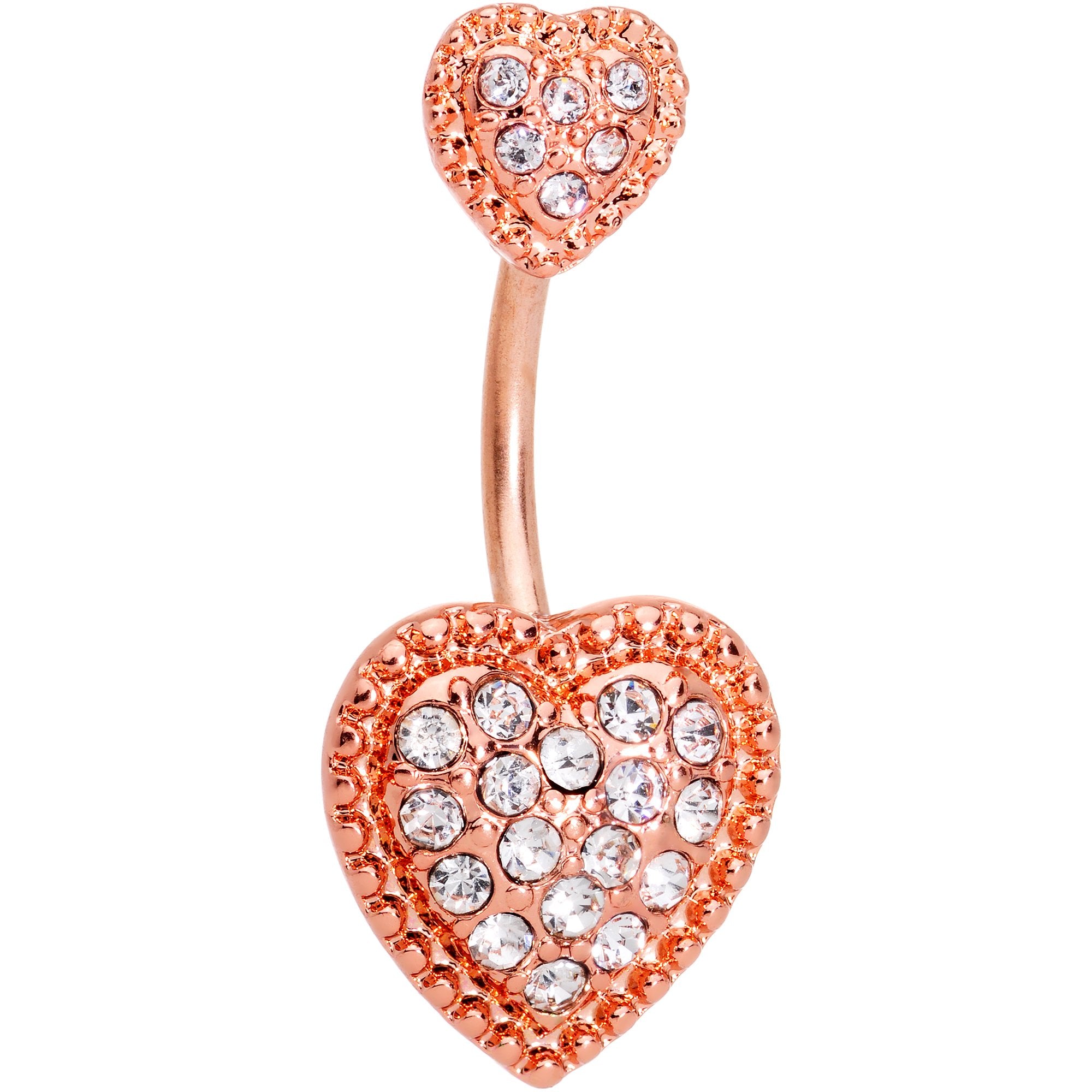 Clear CZ Gem Rose Gold Tone Art Deco Heart Double Mount Belly Ring