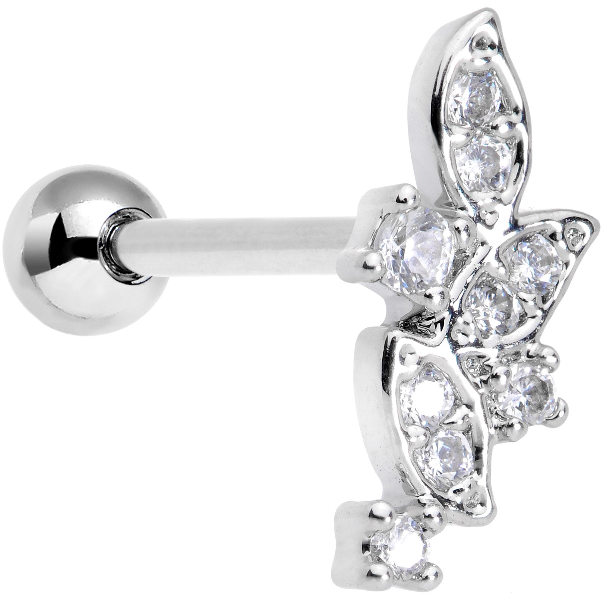 18 Gauge 5/16 Clear CZ Gem Leafy Flourish Cartilage Tragus Earring