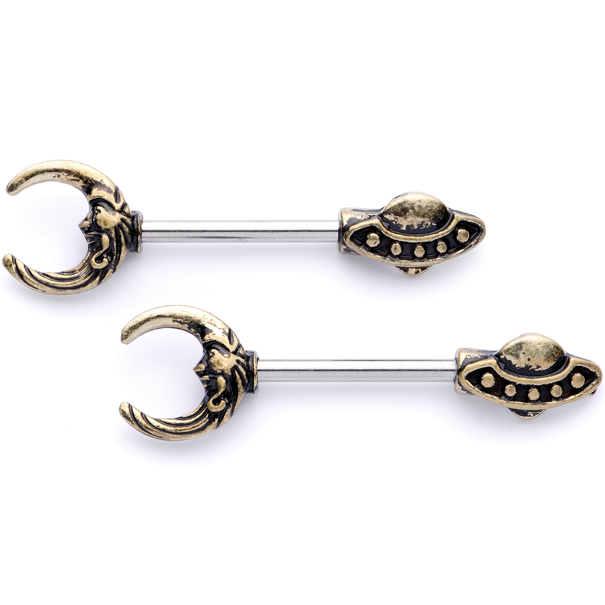 14 Gauge 9/16 Crescent Moon Space Ship UFO Barbell Nipple Ring Set