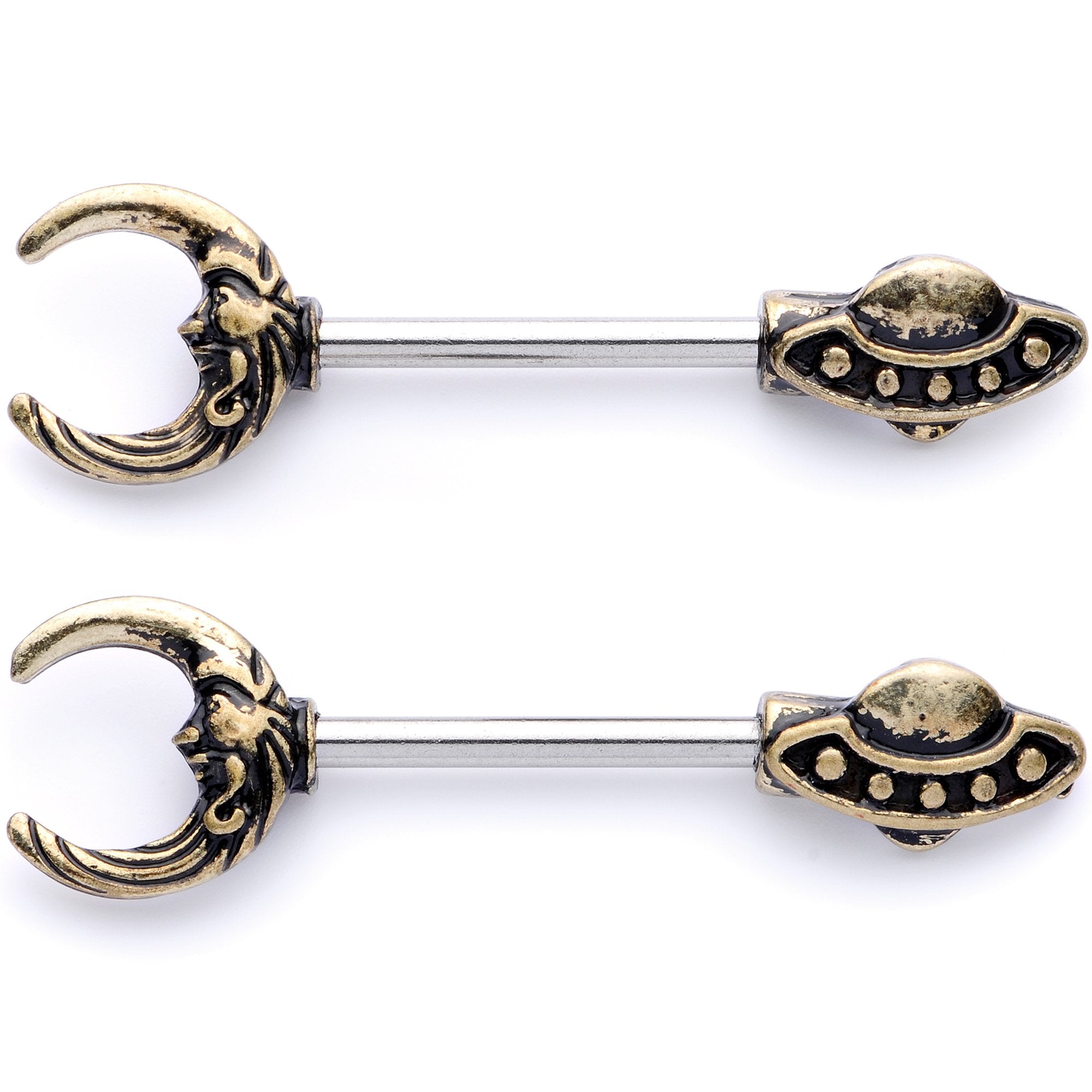 14 Gauge 9/16 Crescent Moon Space Ship UFO Barbell Nipple Ring Set