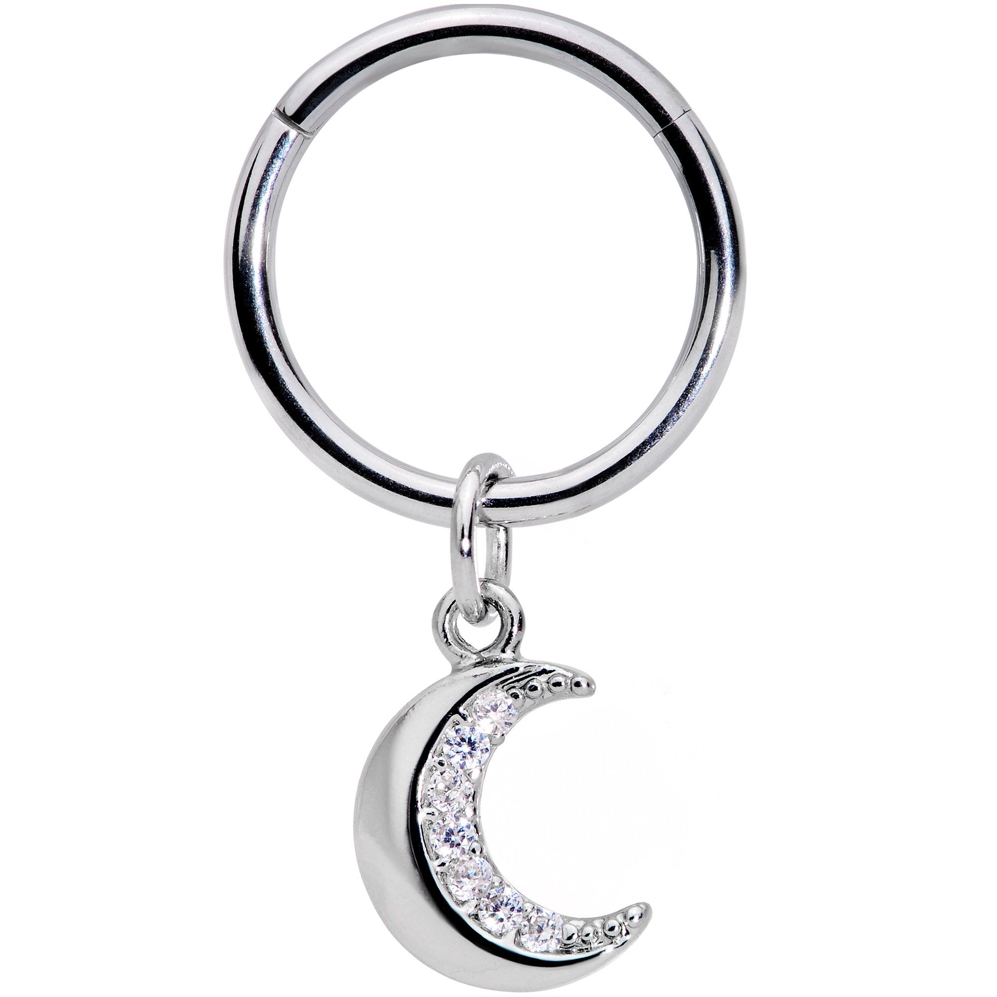 16 Gauge 3/8 Clear CZ Gem Crescent Moon Dangle Hinged Segment Ring