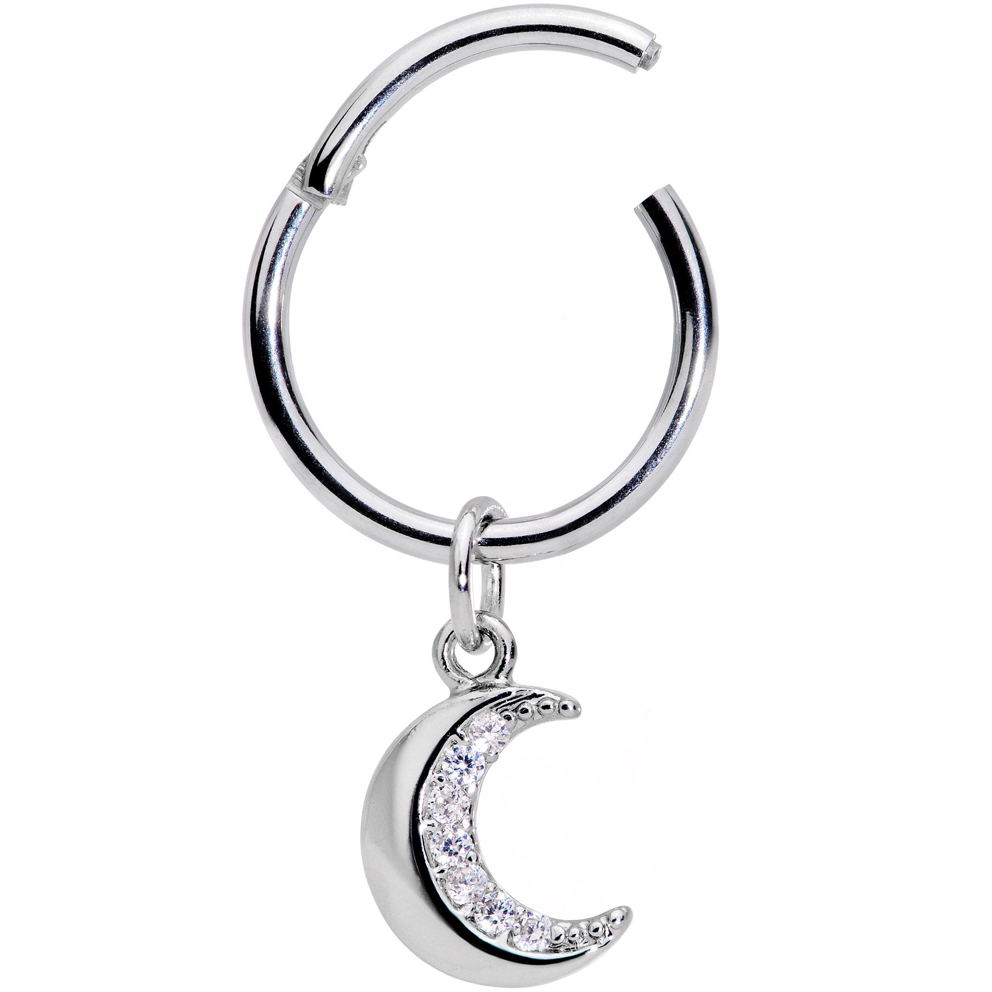 16 Gauge 3/8 Clear CZ Gem Crescent Moon Dangle Hinged Segment Ring